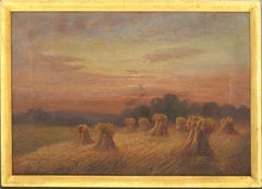 Antique A. Lockwood - 19th Century Oil, Haystacks at Sunset