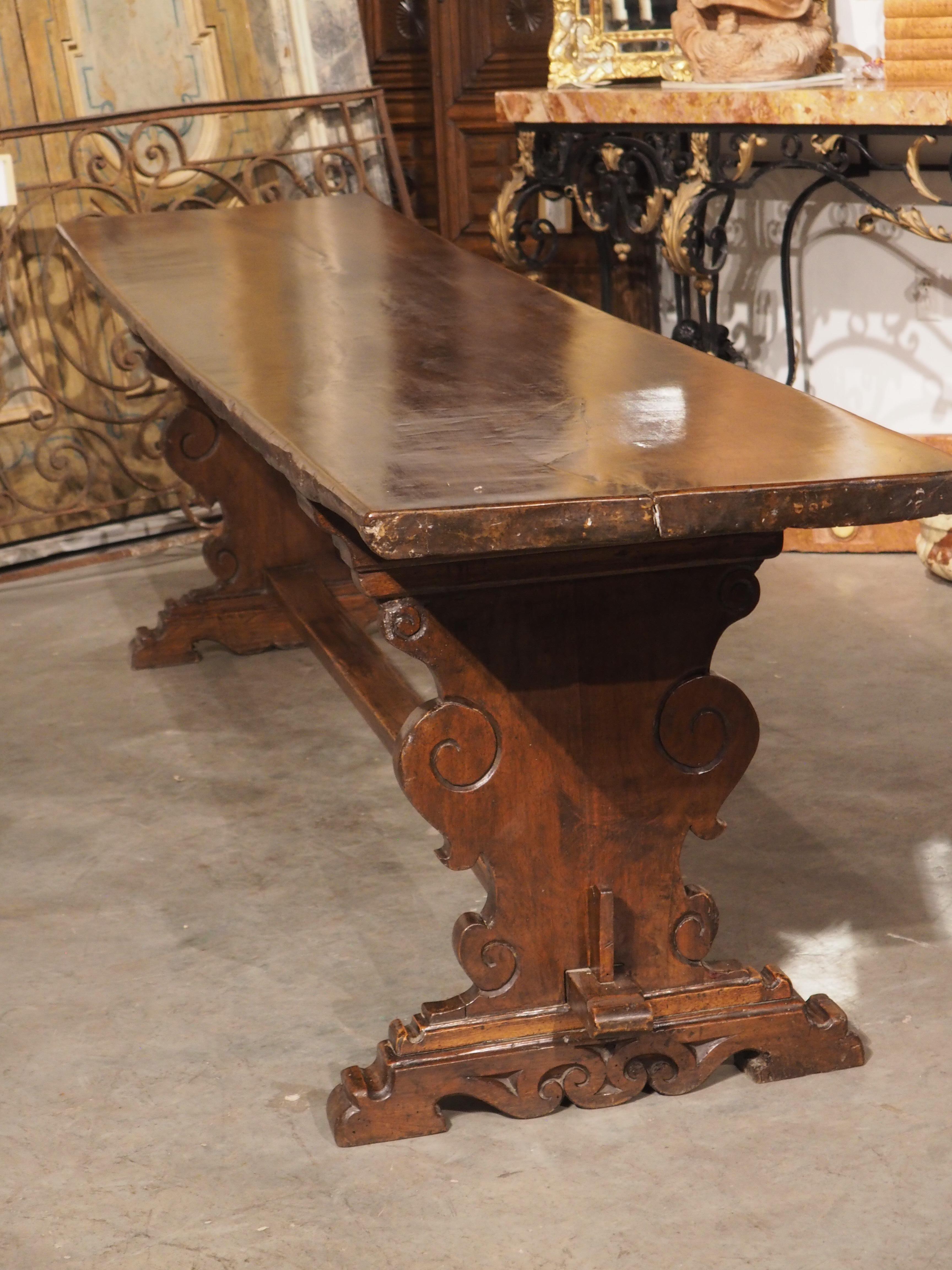 Long 17th Century Single Walnut Plank Refectory Table from Tuscany, Italy For Sale 12