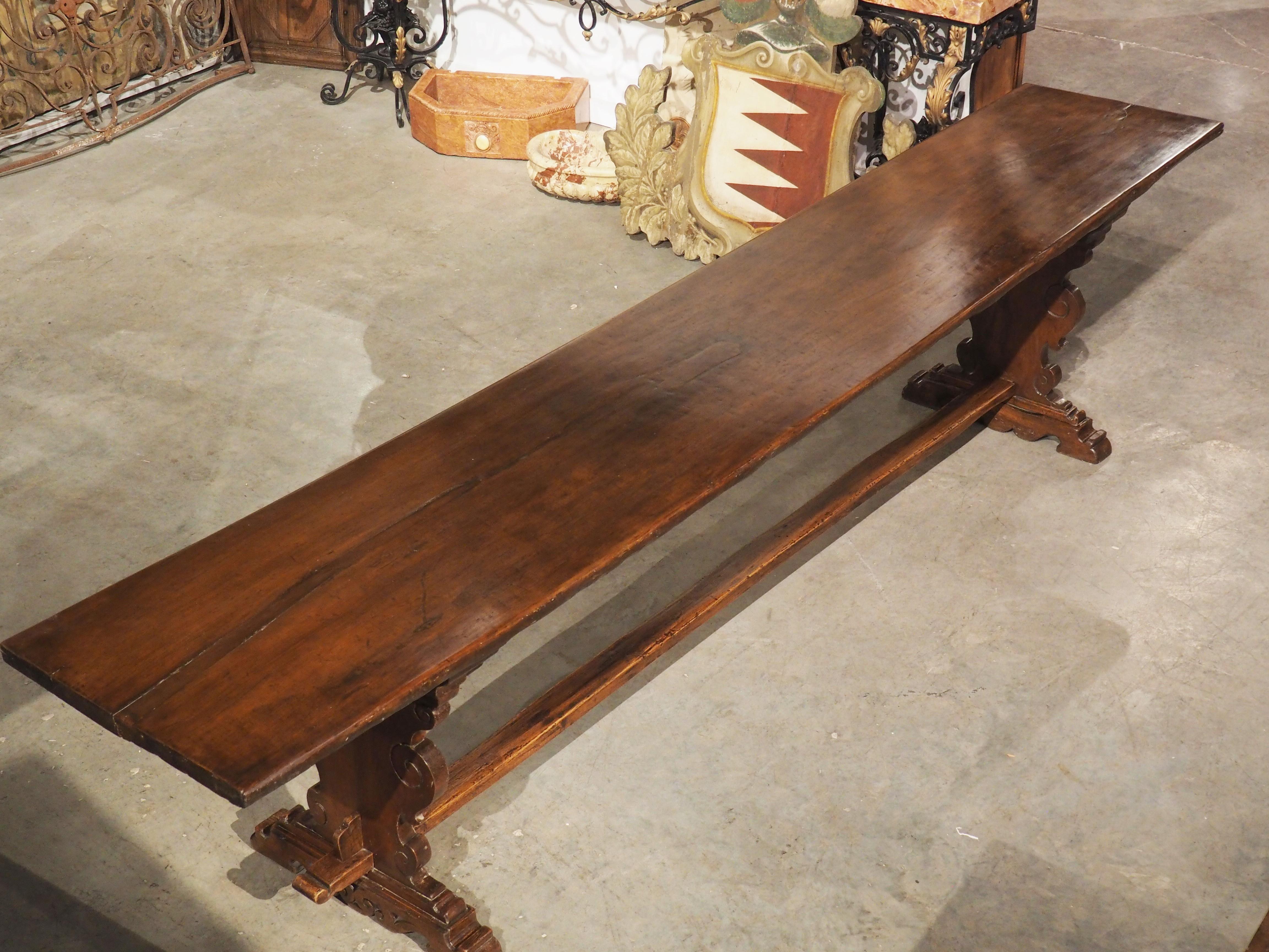 Hand-Carved Long 17th Century Single Walnut Plank Refectory Table from Tuscany, Italy For Sale