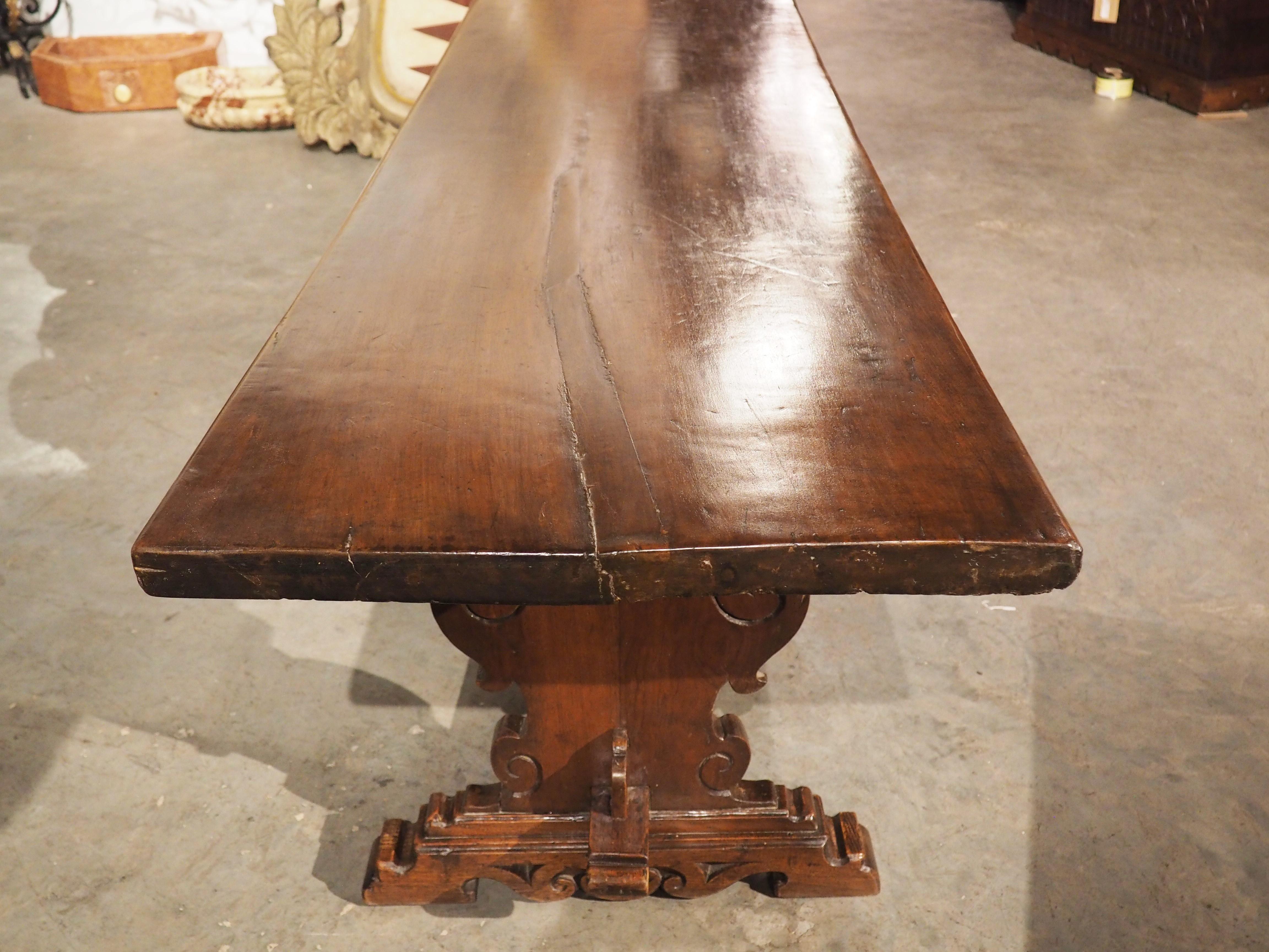 Wood Long 17th Century Single Walnut Plank Refectory Table from Tuscany, Italy For Sale