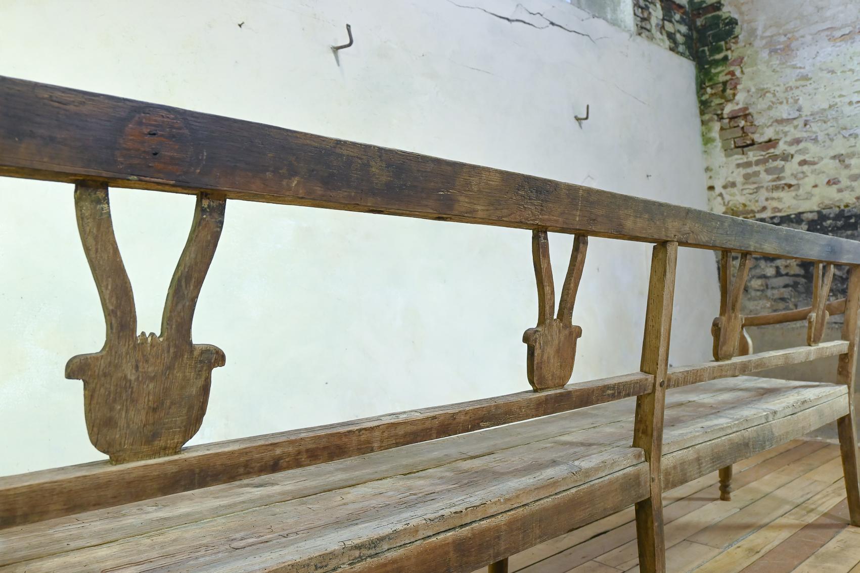 Long 19th Century Rustic Elm and Oak French Hall Bench 11