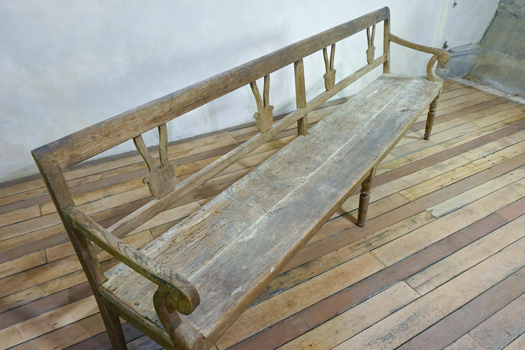 Long 19th Century Rustic Elm and Oak French Hall Bench 12