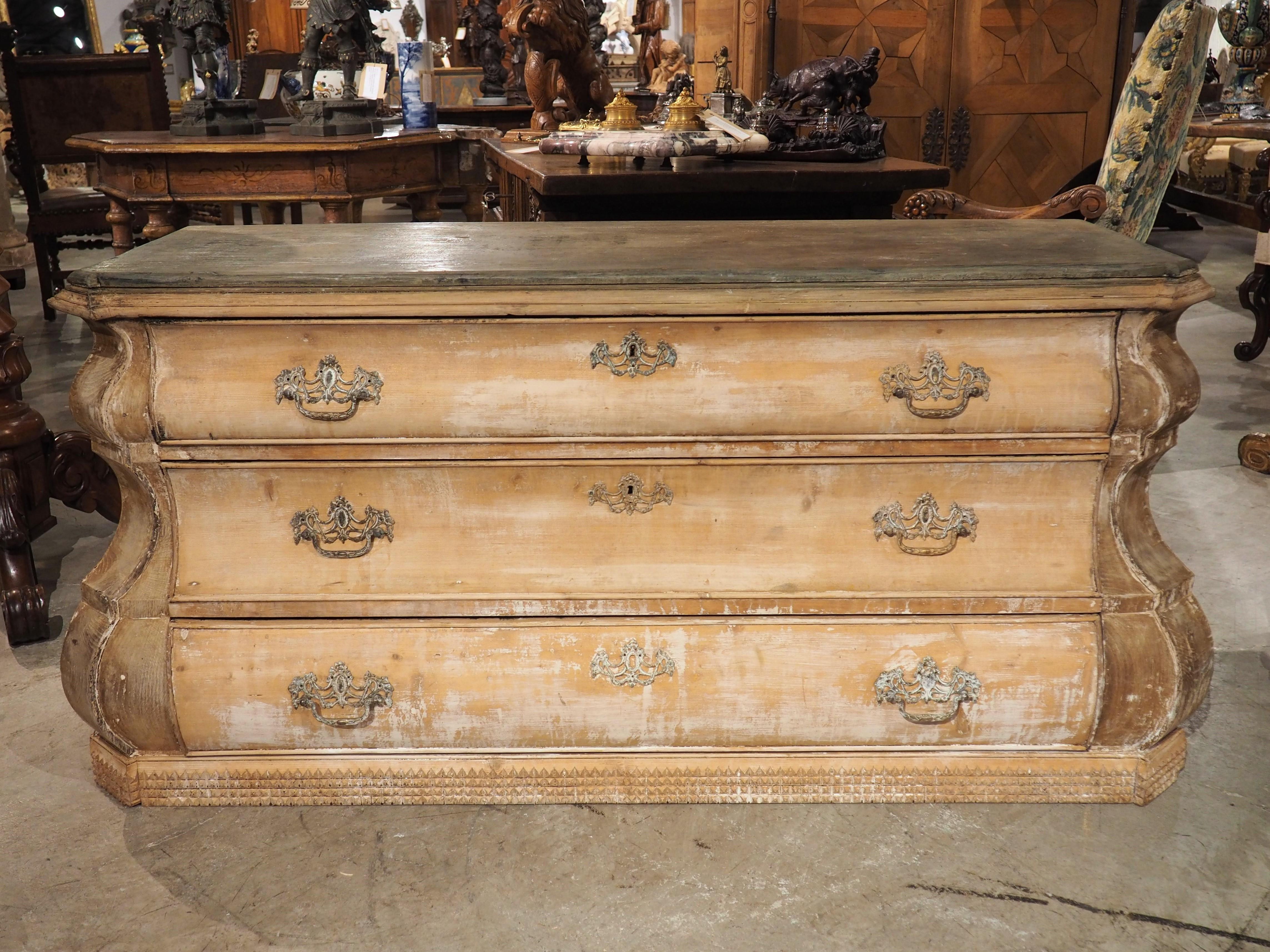 Metal A Long Antique Dutch Chest of Drawers with Partial Whitewash, Circa 1890