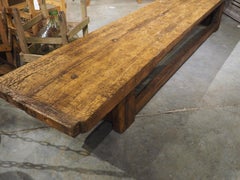 A Long Antique French Elm Workbench Repurposed as Coffee Table, Circa 1900