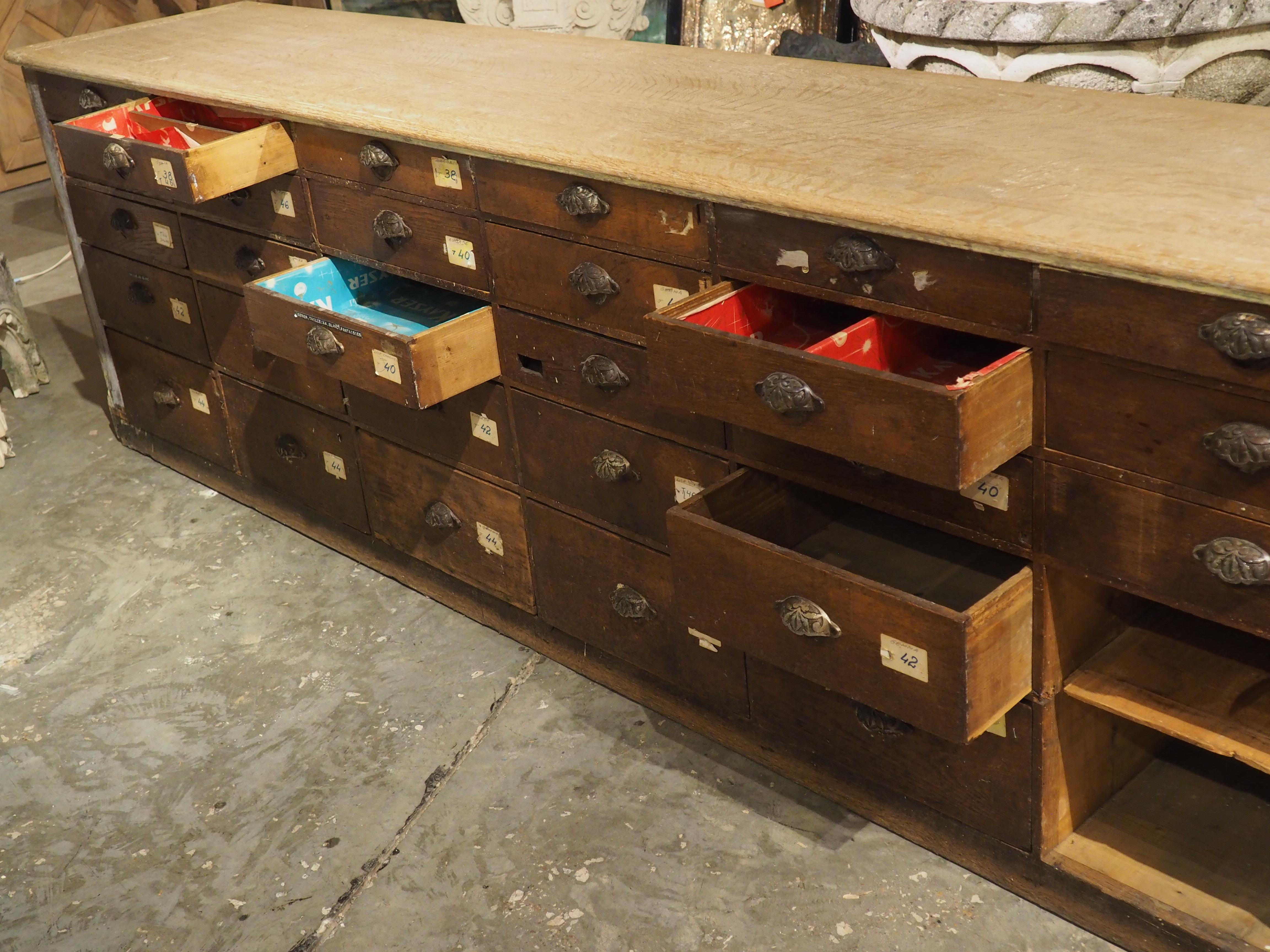 A Long Antique French Oak Shop Counter, Circa 1900, 124.5 Inches For Sale 12