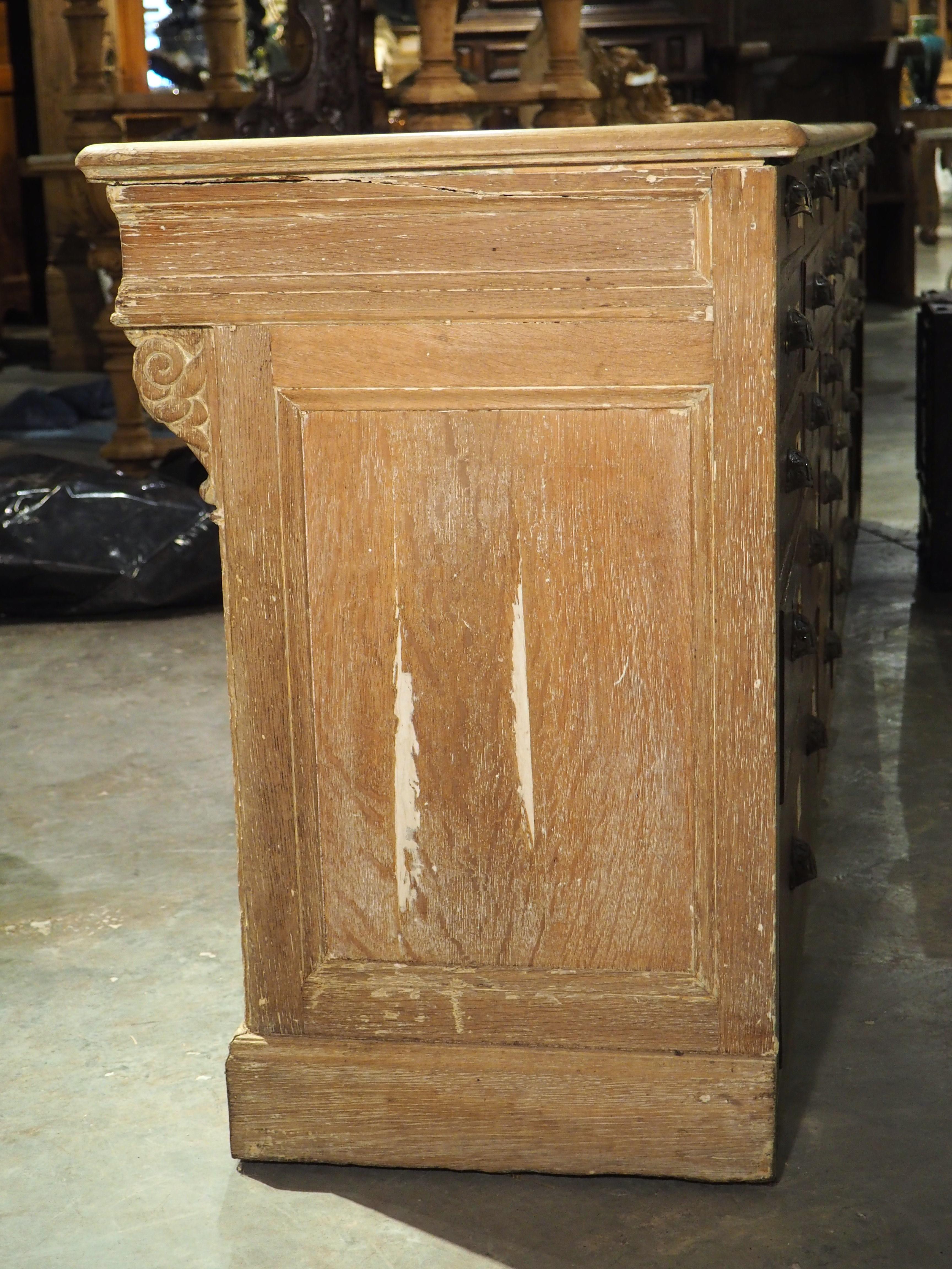 Hand-Carved A Long Antique French Oak Shop Counter, Circa 1900, 124.5 Inches For Sale