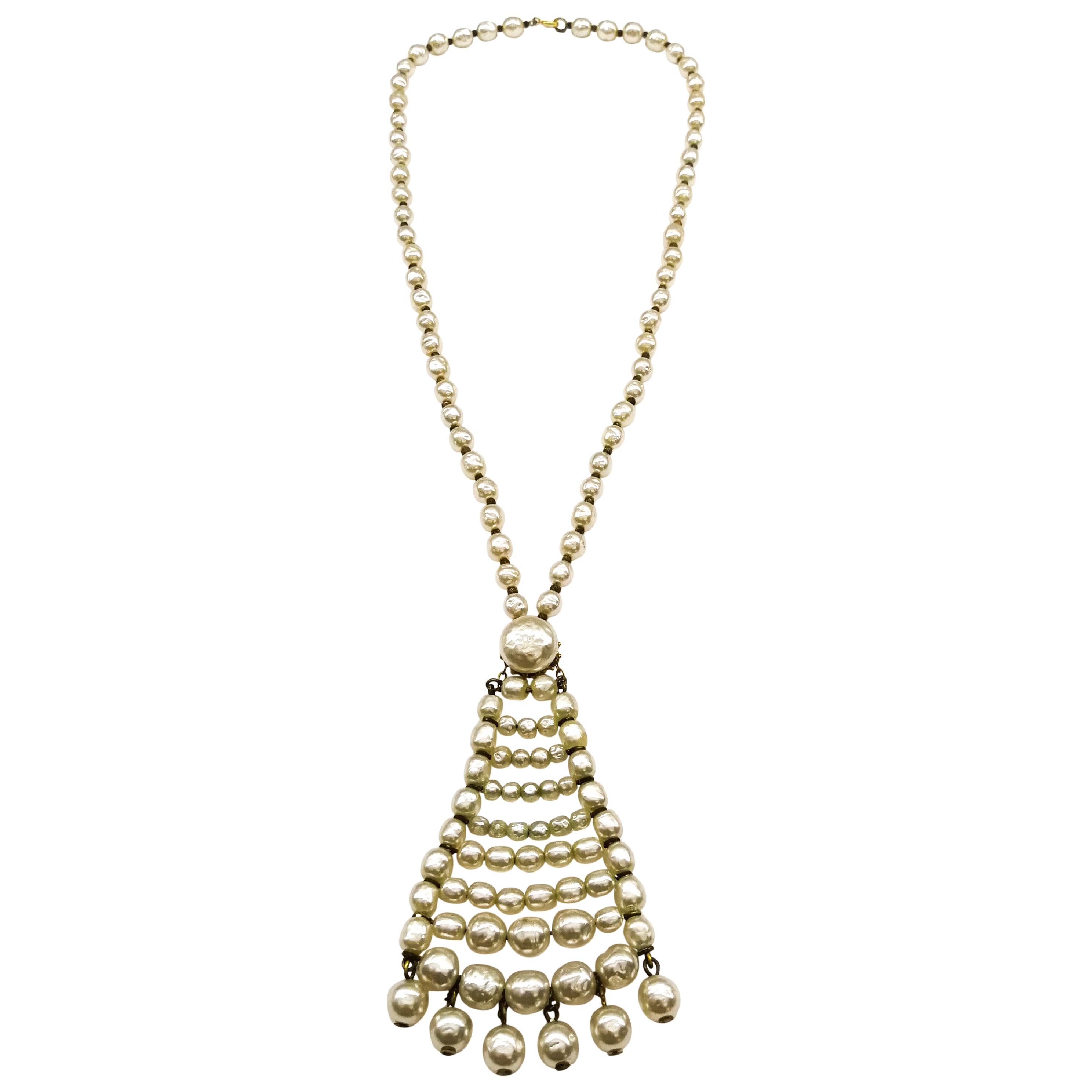 A long baroque pearl pendant necklace, Miriam Haskell, 1960s