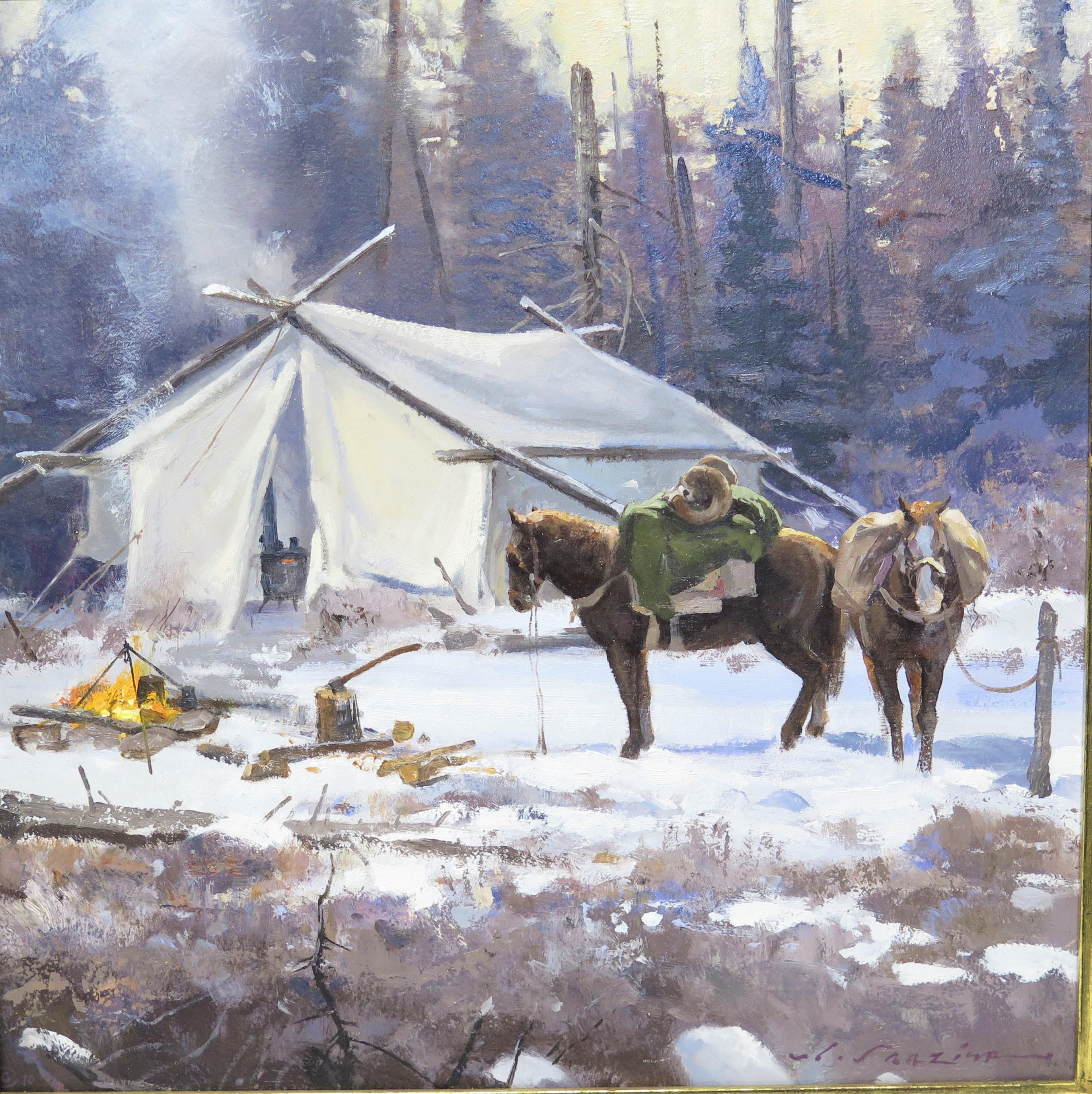 A Long Days Ride, 2010 by Luke Frazier (American, 1970) signed front lower right. camp set up in the snow with two horses outside a tent, a simple meal cooks on the campfire. oil on canvas, handsome gilt frame with label, United States, 2010

label