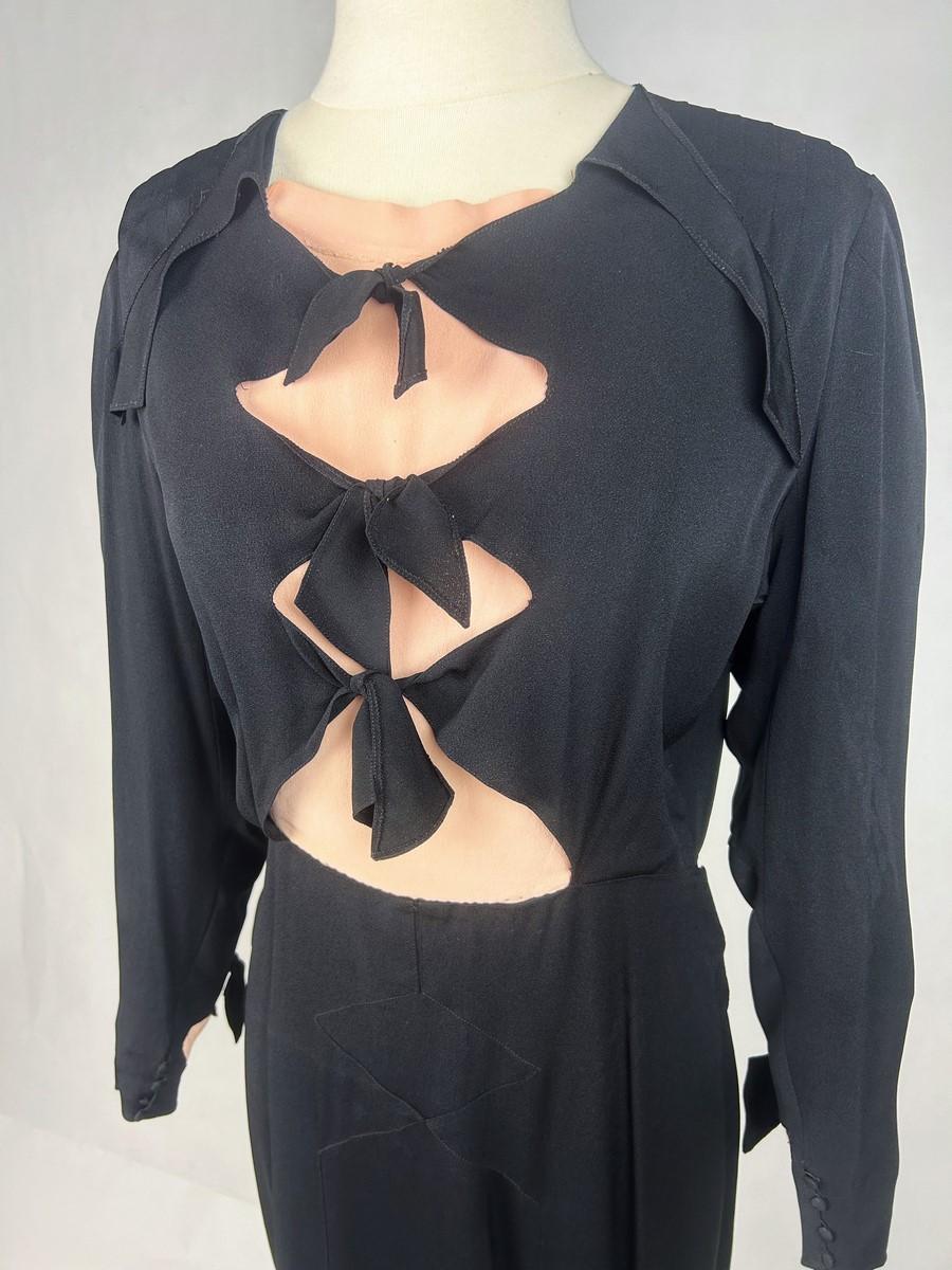 Robe longue en crêpe de soie noir et saumon - Allemagne Circa 1938-1942 Bon état - En vente à Toulon, FR