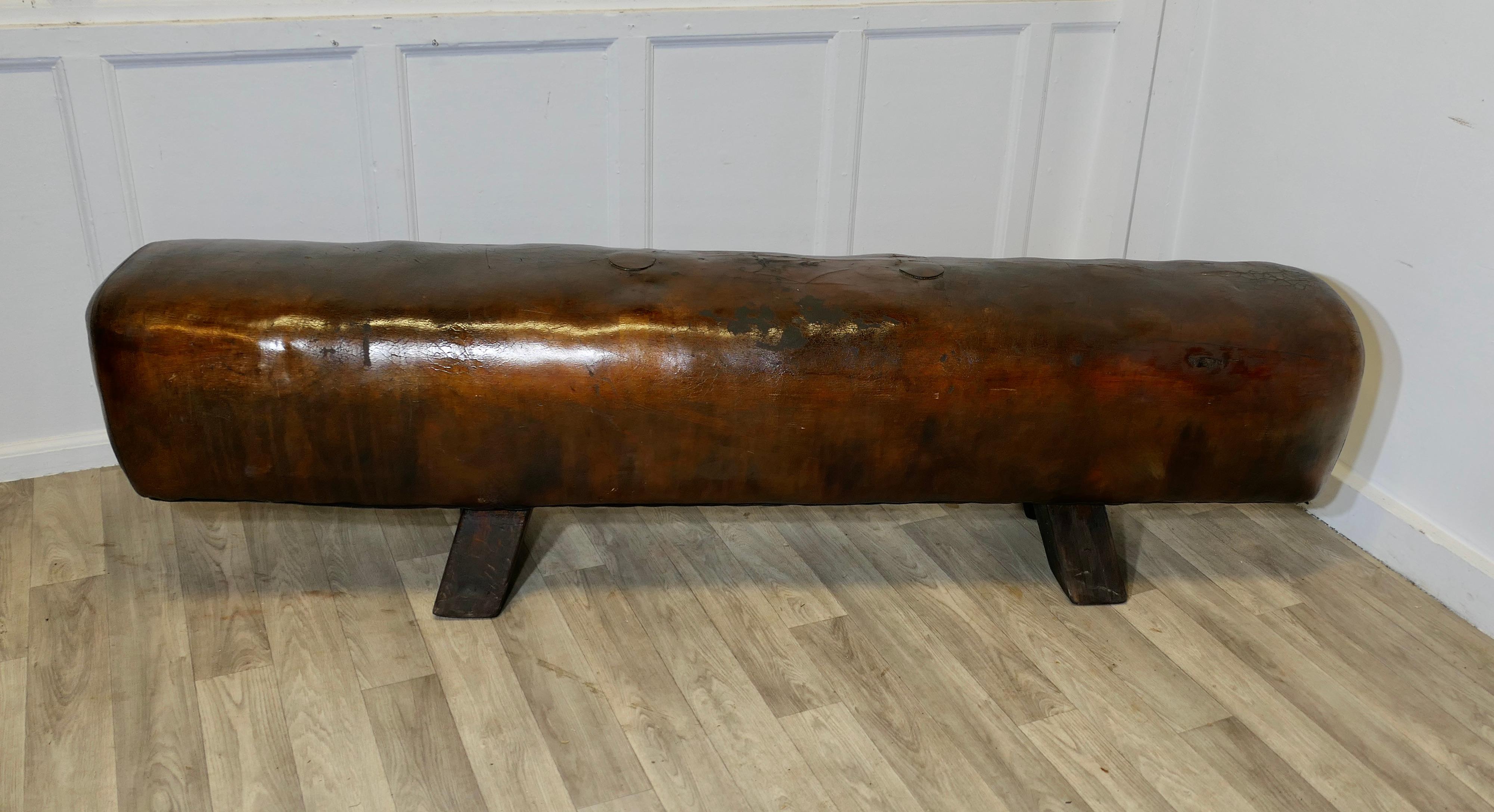 Art Deco A Long Leather Pommel Horse Bench Seat  A handsome leather pommel horse from Fra For Sale