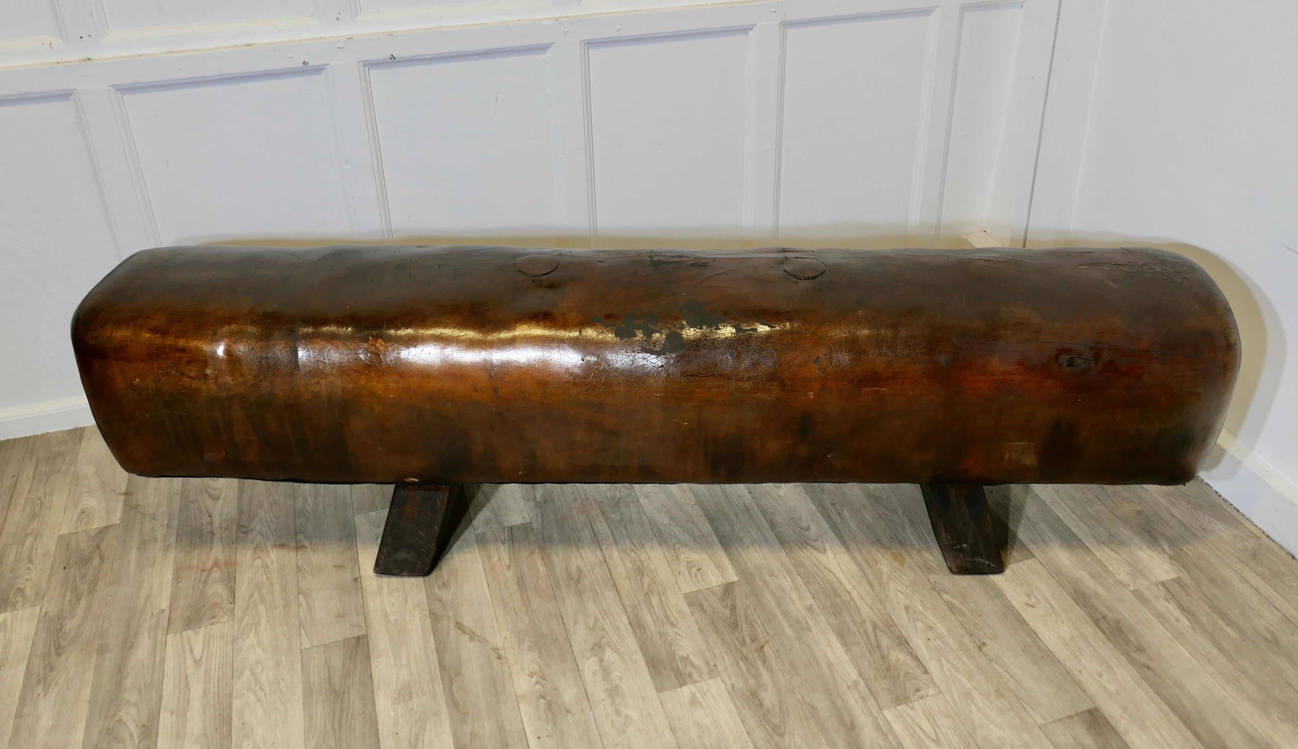 A Long Leather Pommel Horse Bench Seat  A handsome leather pommel horse from Fra In Good Condition For Sale In Godshill, Isle of Wight