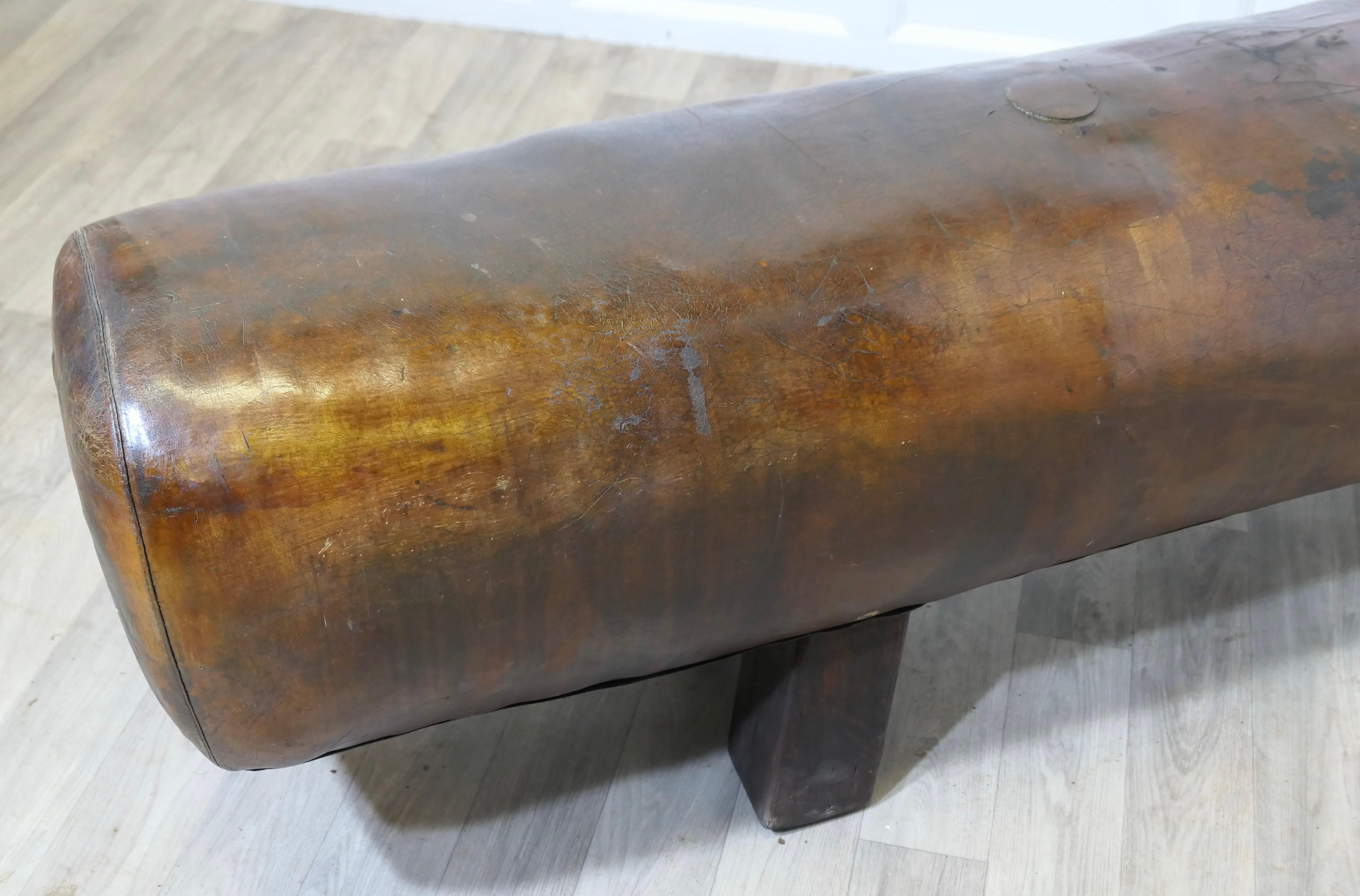 Early 20th Century A Long Leather Pommel Horse Bench Seat  A handsome leather pommel horse from Fra For Sale
