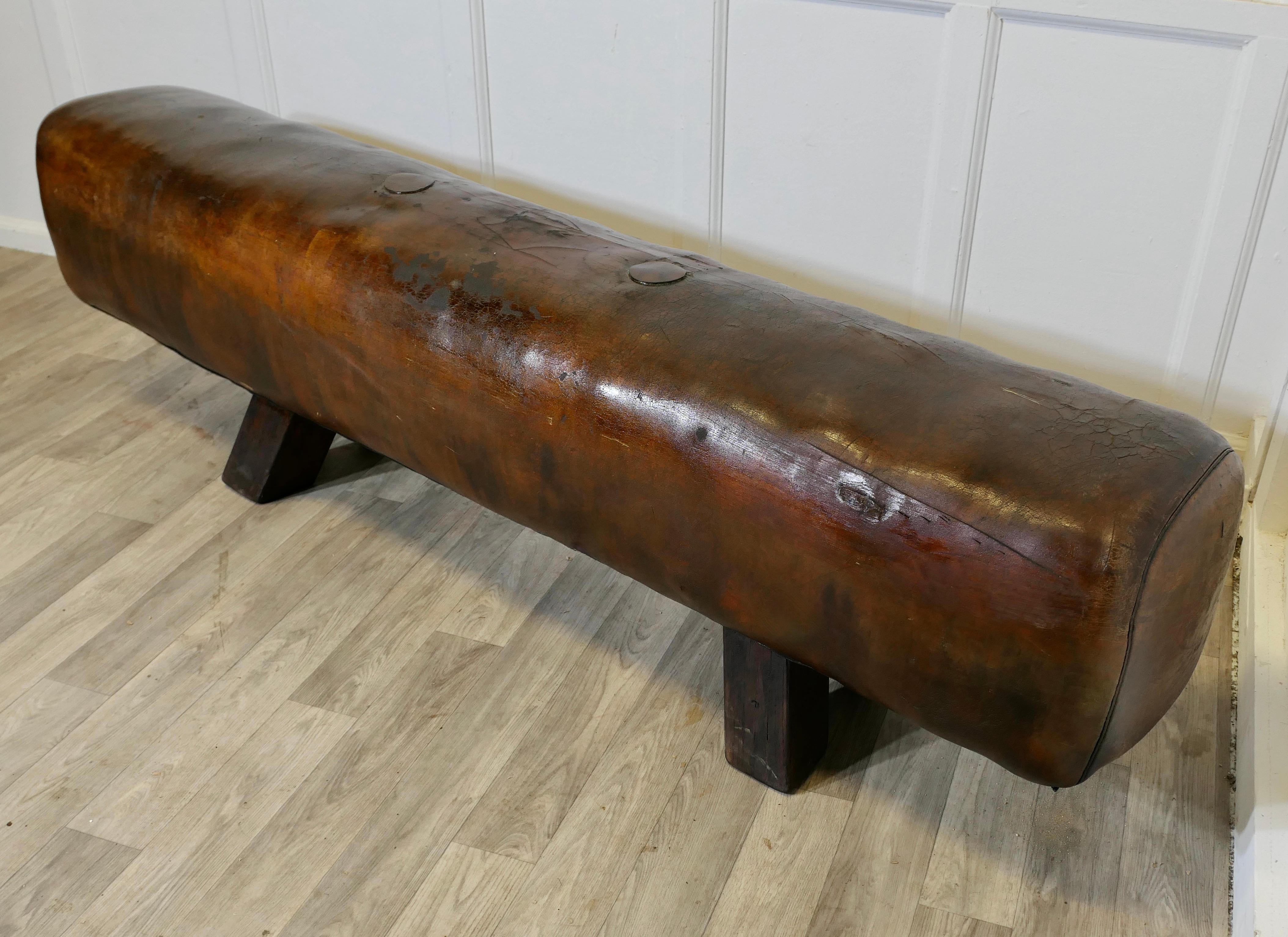 A Long Leather Pommel Horse Bench Seat  A handsome leather pommel horse from Fra For Sale 1