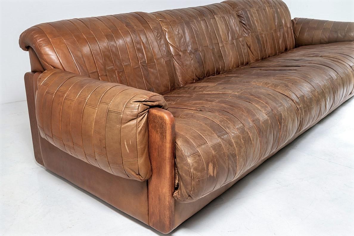 Scandinavian Modern Long Mid Century 1970s Scandinavian Patchwork Brown Leather Sofa 3-4 Person