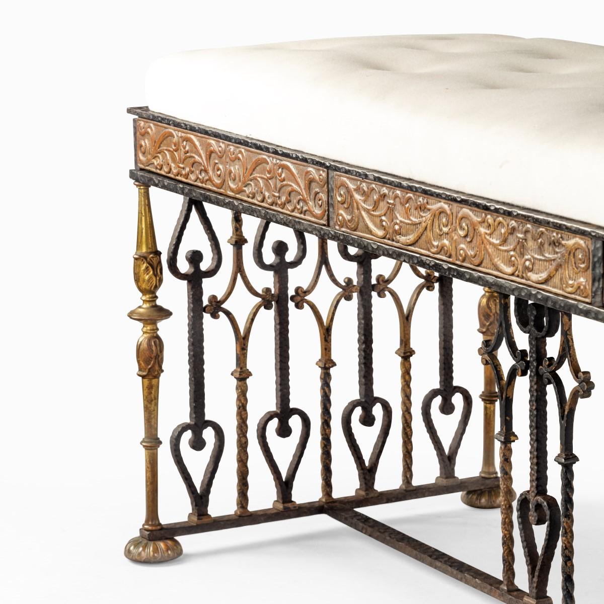 American Long Parcel Gilt Wrought Iron Stool Attributed to Oscar Bach