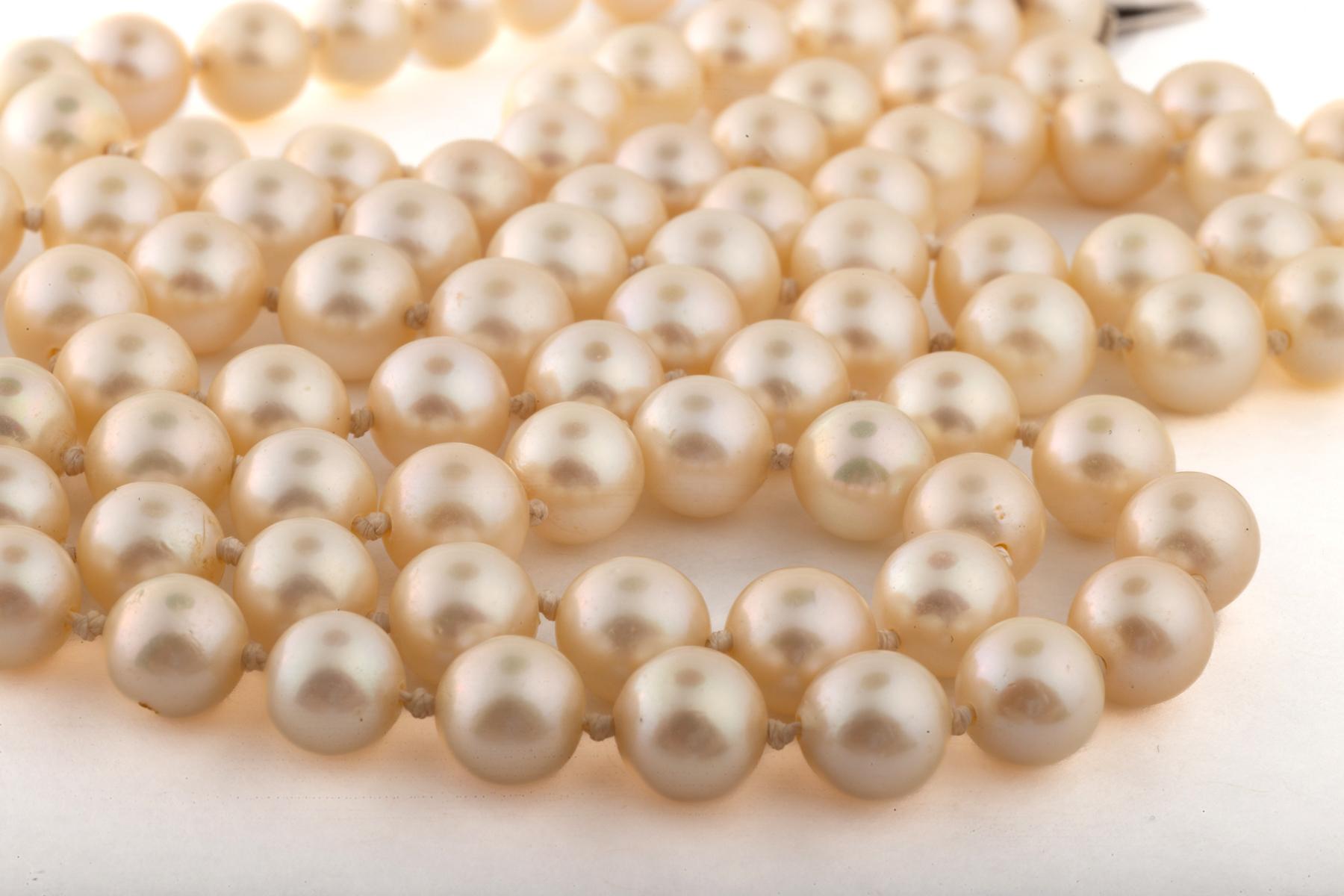 A Long Rope of 7.9 mm Cultured Pearls with Gold and Sapphire Clasp In Excellent Condition In Stamford, CT