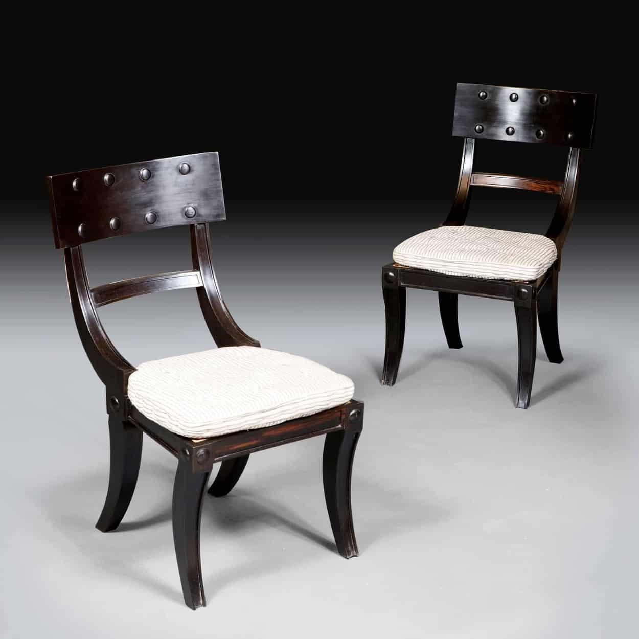 Long Set of 12 Twelve Ebony Klismos Dining Chairs 1