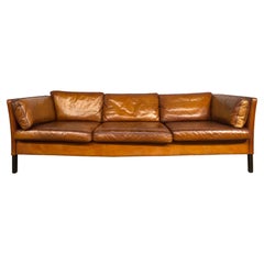Long Vintage Danish 70s Mid Century Light Tan Three Seater Leather Sofa #371