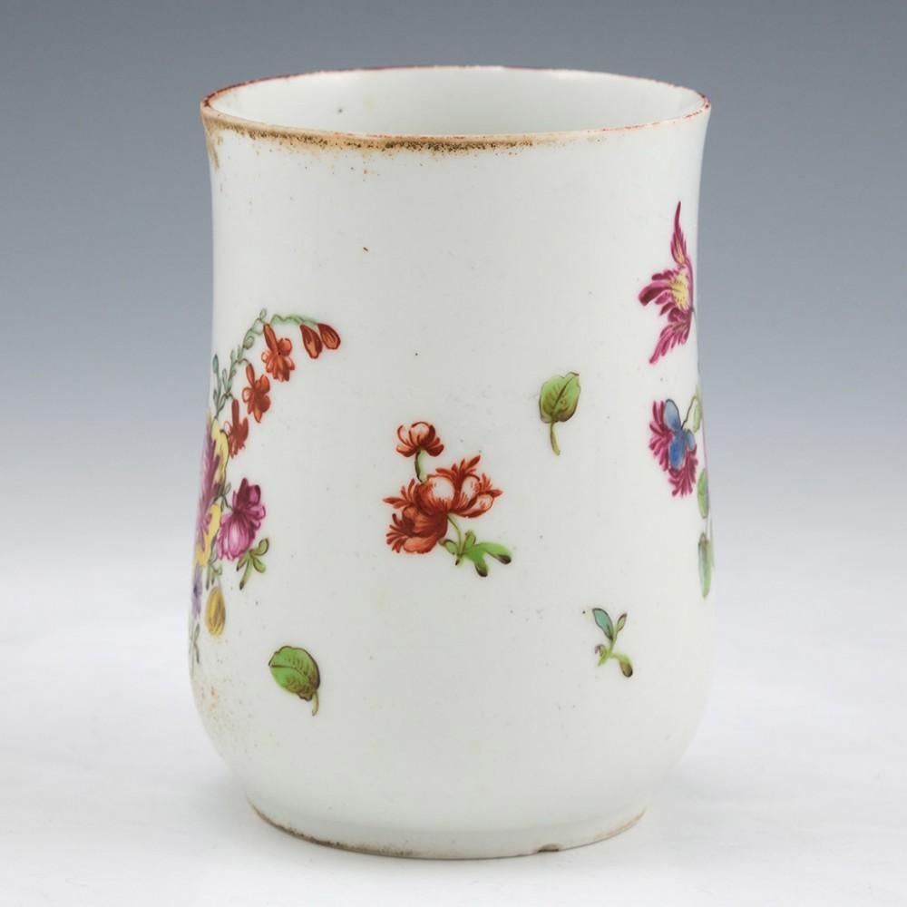 A Longton Hall Porcelain Mug, c1760

Additional information:
Date : Circa 1760
Period : George 11 or George 111
Marks :None
Origin Longton, Staffordshire:
Colour :Polychrome
Pattern : Bouquets and scattered flowers
Features :Cylindrical form swollen