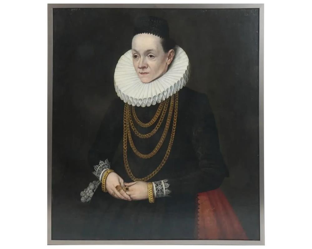 Lorenz Strauch (1554 - 1636), oil on canvas portrait of a noblewoman in a black dress with a lace collar and highly detailed gold jewelry on her chest and arms. The dress is distinguished by a noticeable texture of damask fabric with matte patterns