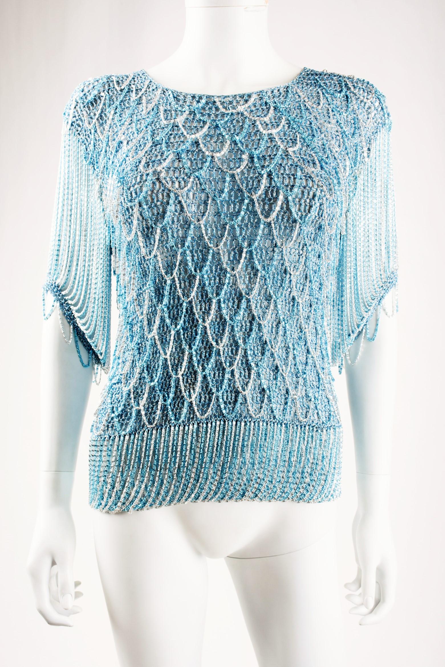 Loris Azzaro Couture-Oberteil aus Lurex und Silberketten - Französisch um 1970 (Blau) im Angebot