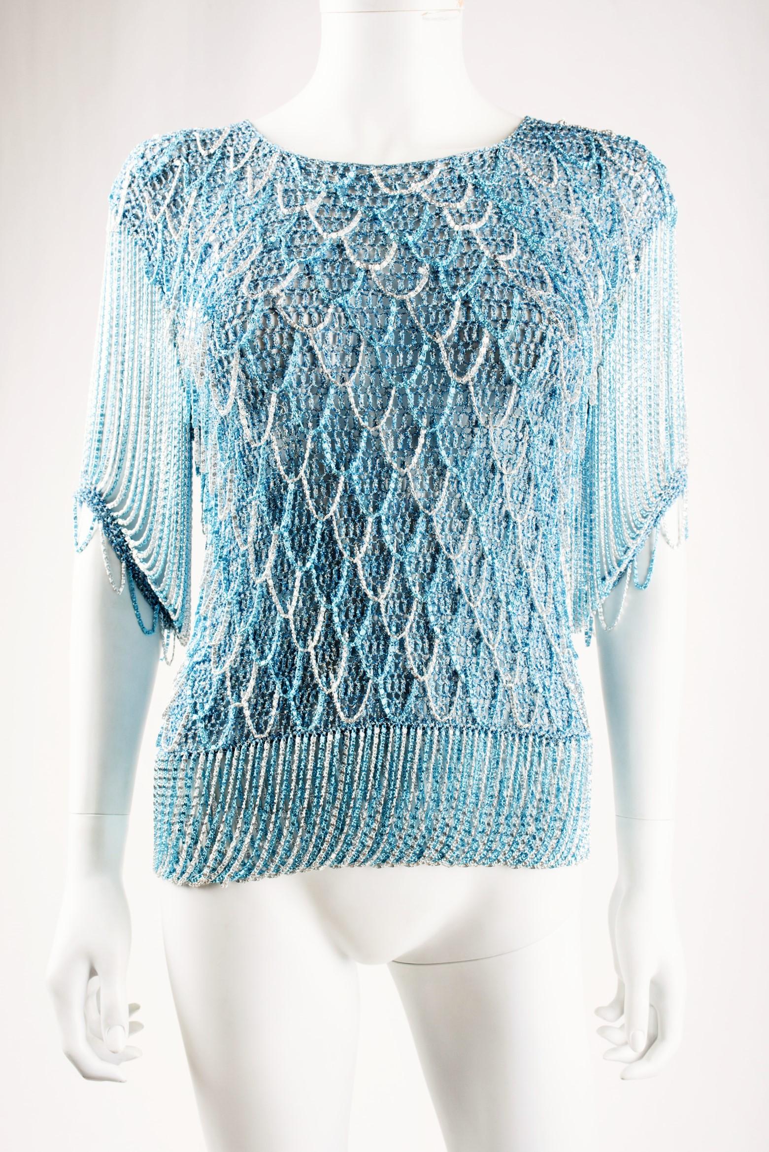 Bleu Top Loris Azzaro Couture en Lurex et chaînes en argent - Français Circa 1970 en vente