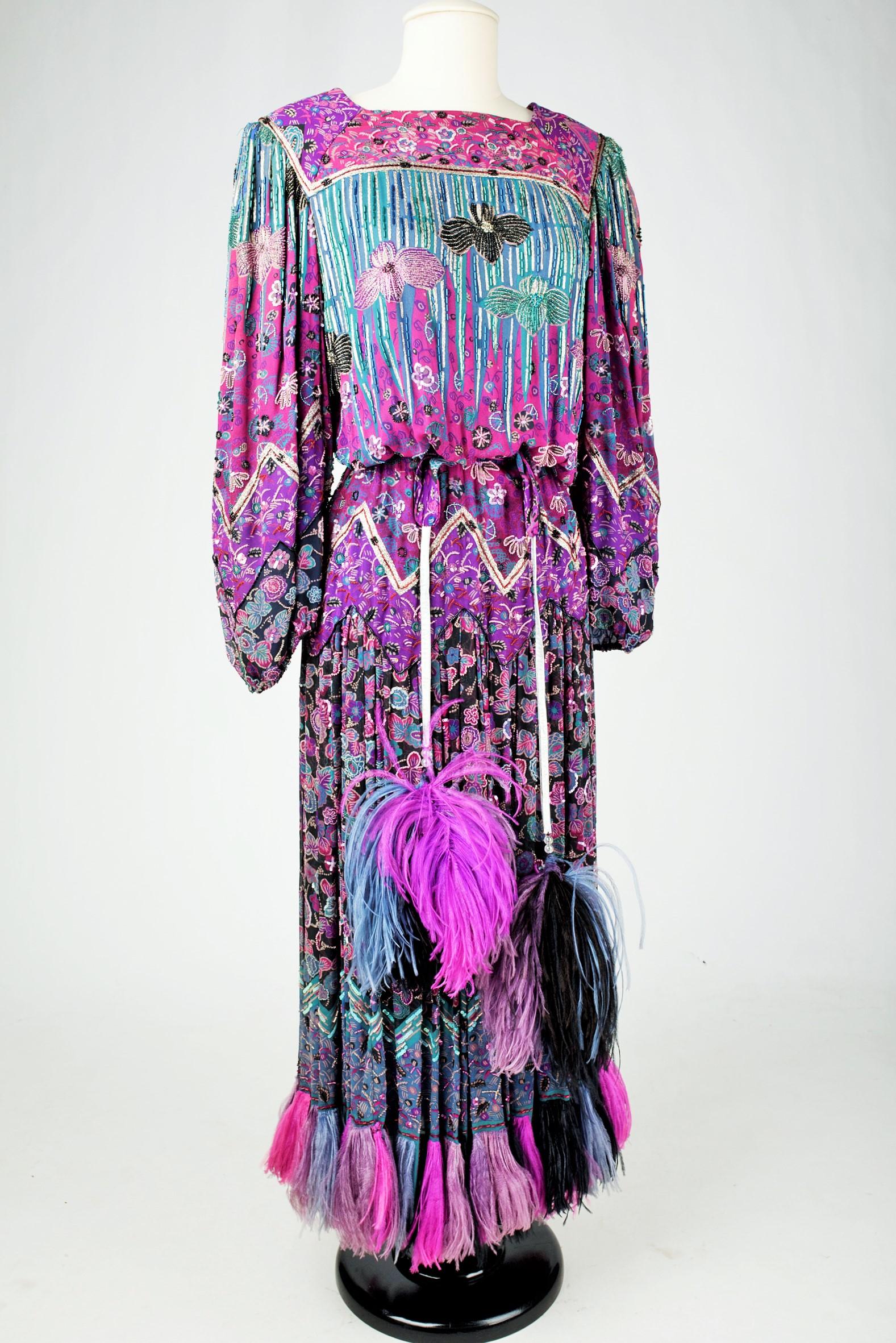 A Louis Féraud Couture Embroidered Chiffon Dress & Ostrich feathers - Fall 1981 For Sale 6