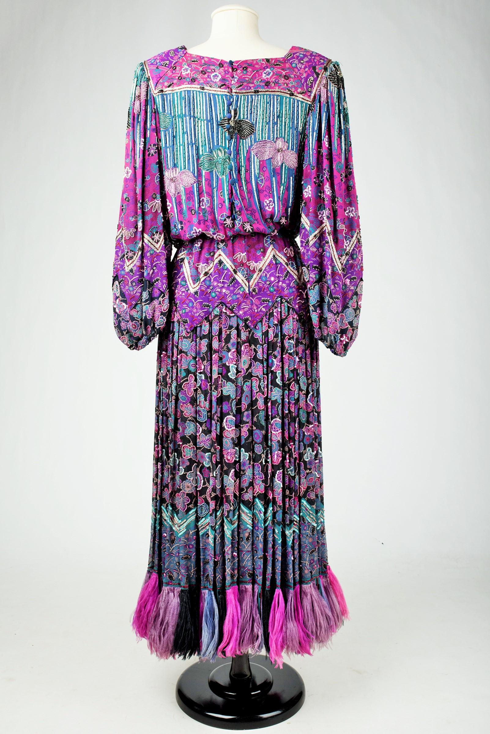 A Louis Féraud Couture Embroidered Chiffon Dress & Ostrich feathers - Fall 1981 For Sale 8