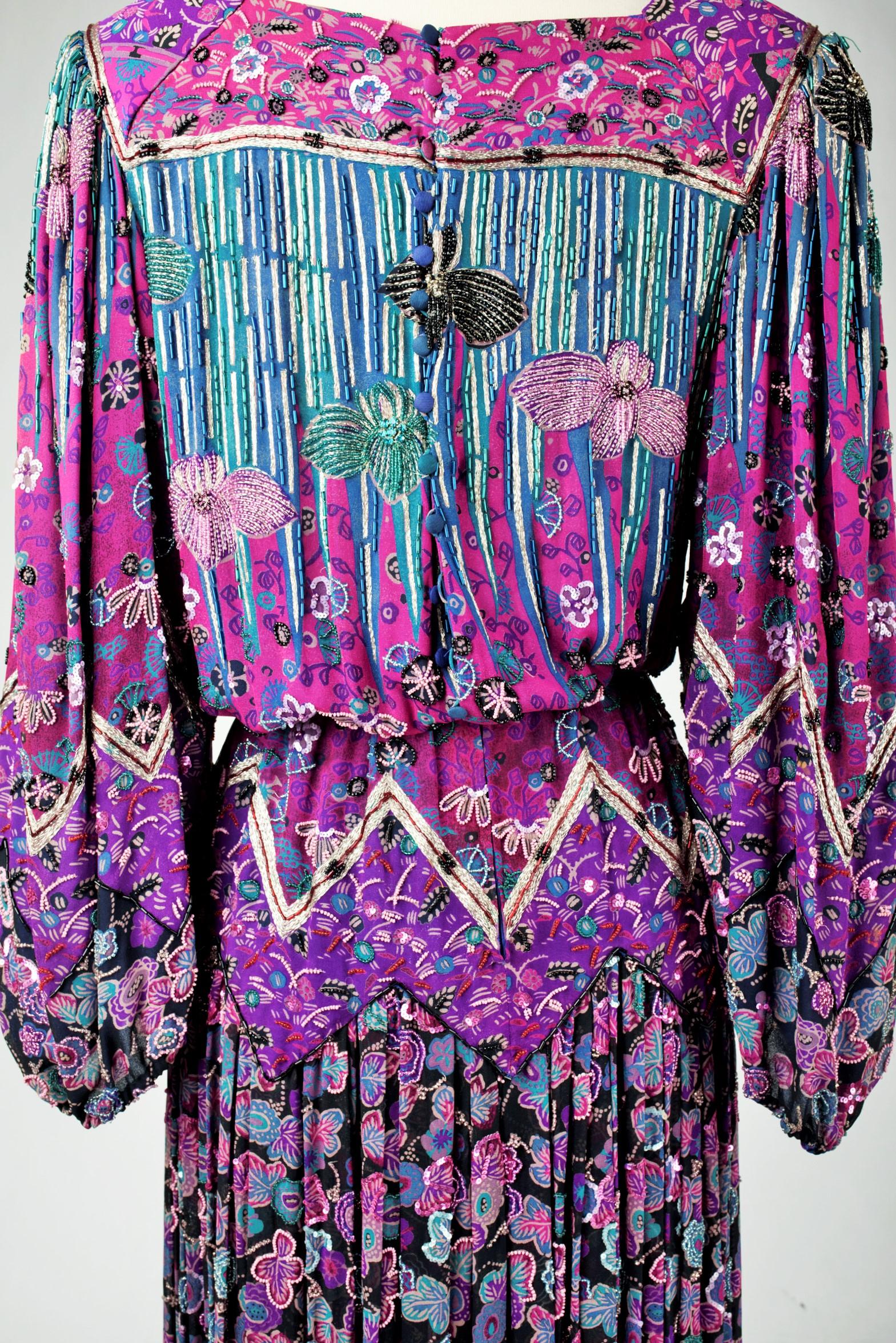 A Louis Féraud Couture Embroidered Chiffon Dress & Ostrich feathers - Fall 1981 For Sale 9