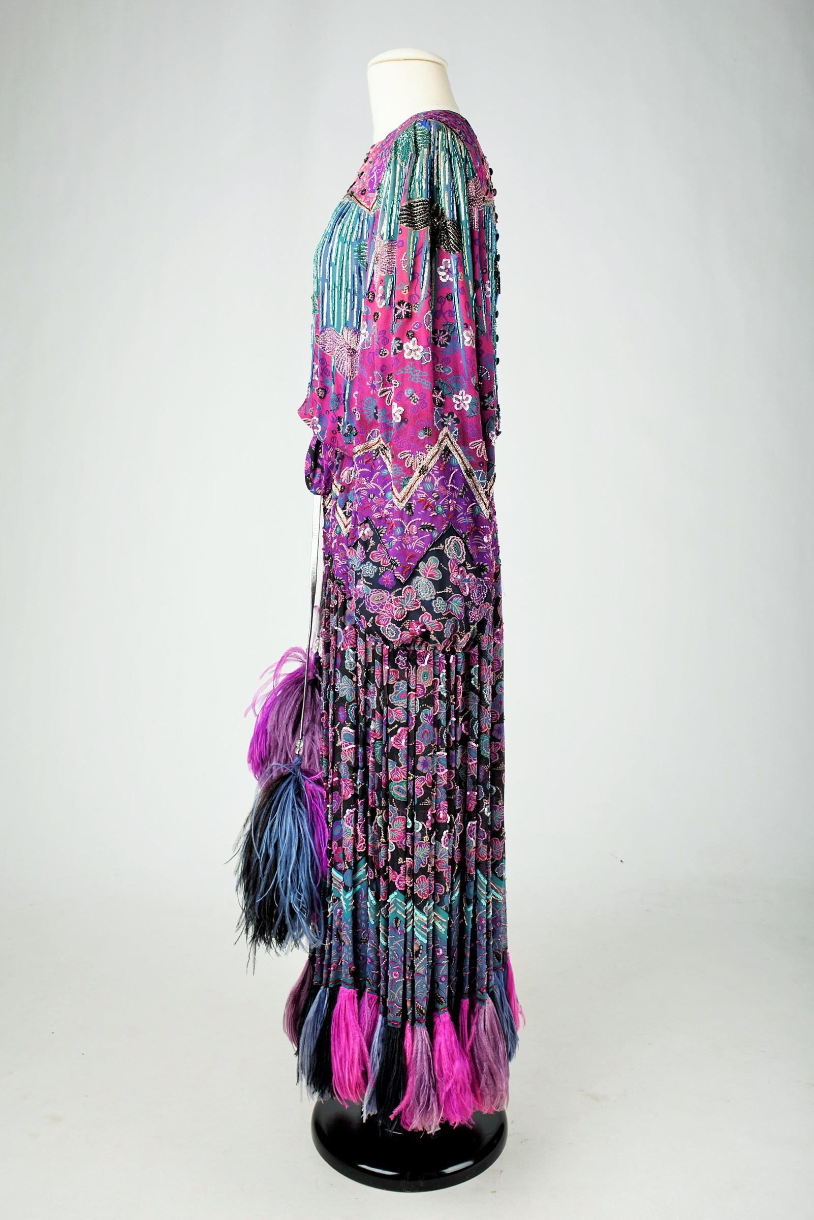 A Louis Féraud Couture Embroidered Chiffon Dress & Ostrich feathers - Fall 1981 For Sale 14