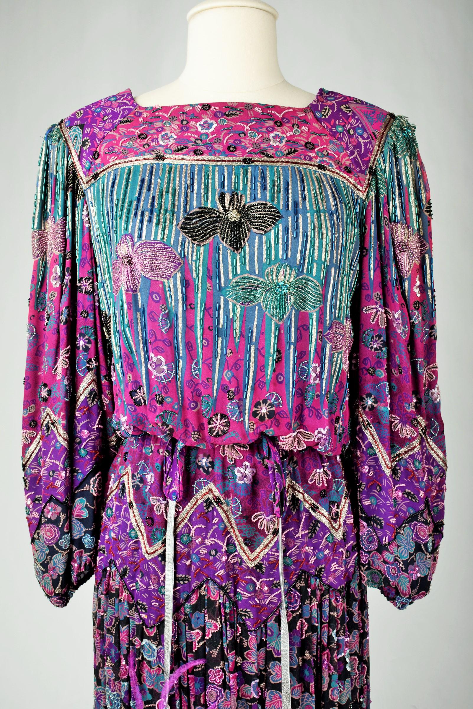A Louis Féraud Couture Embroidered Chiffon Dress & Ostrich feathers - Fall 1981 For Sale 2