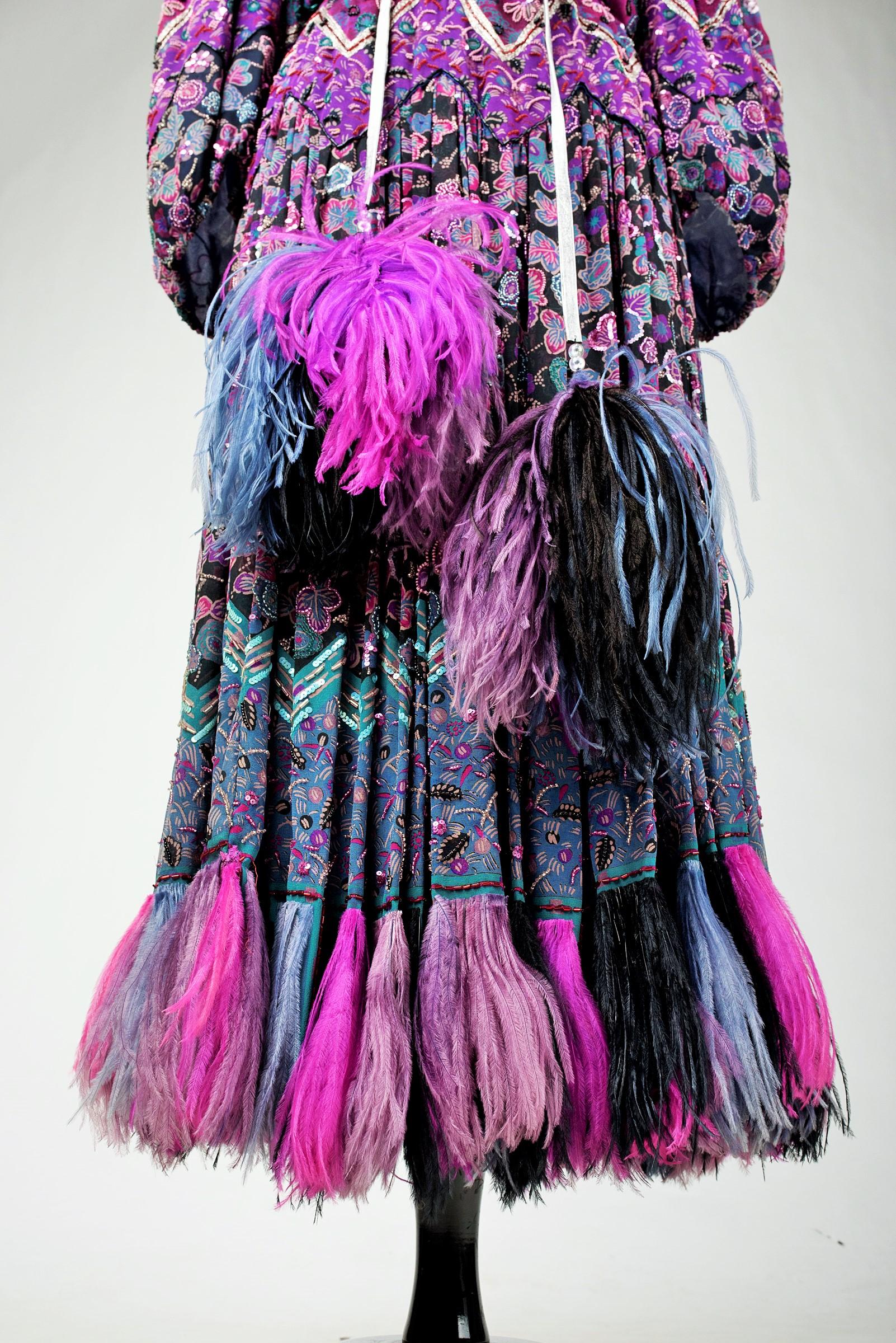 A Louis Féraud Couture Embroidered Chiffon Dress & Ostrich feathers - Fall 1981 For Sale 3