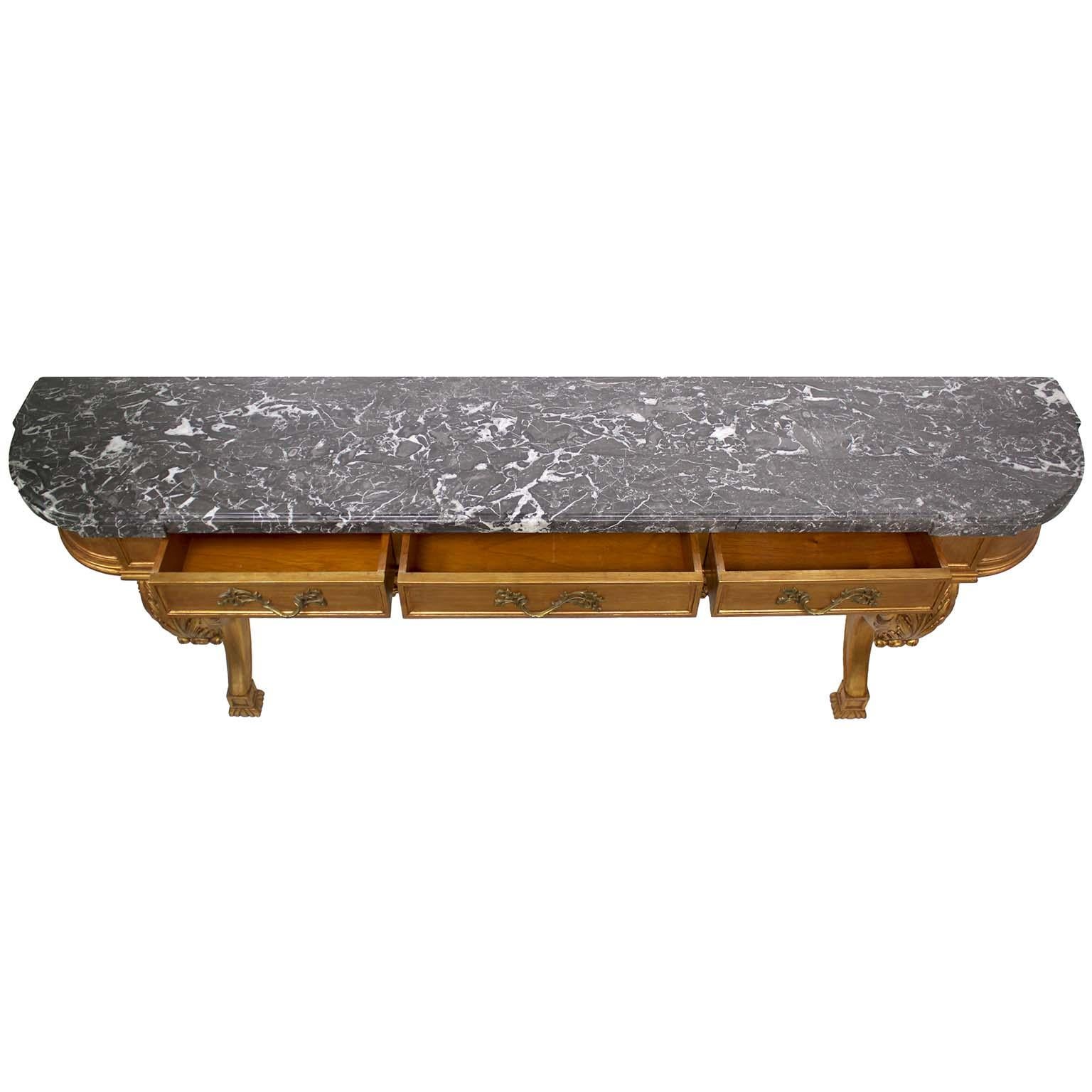 XX secolo Console da parete intagliata in legno dorato in stile Luigi XIV-XV con piano in marmo in vendita