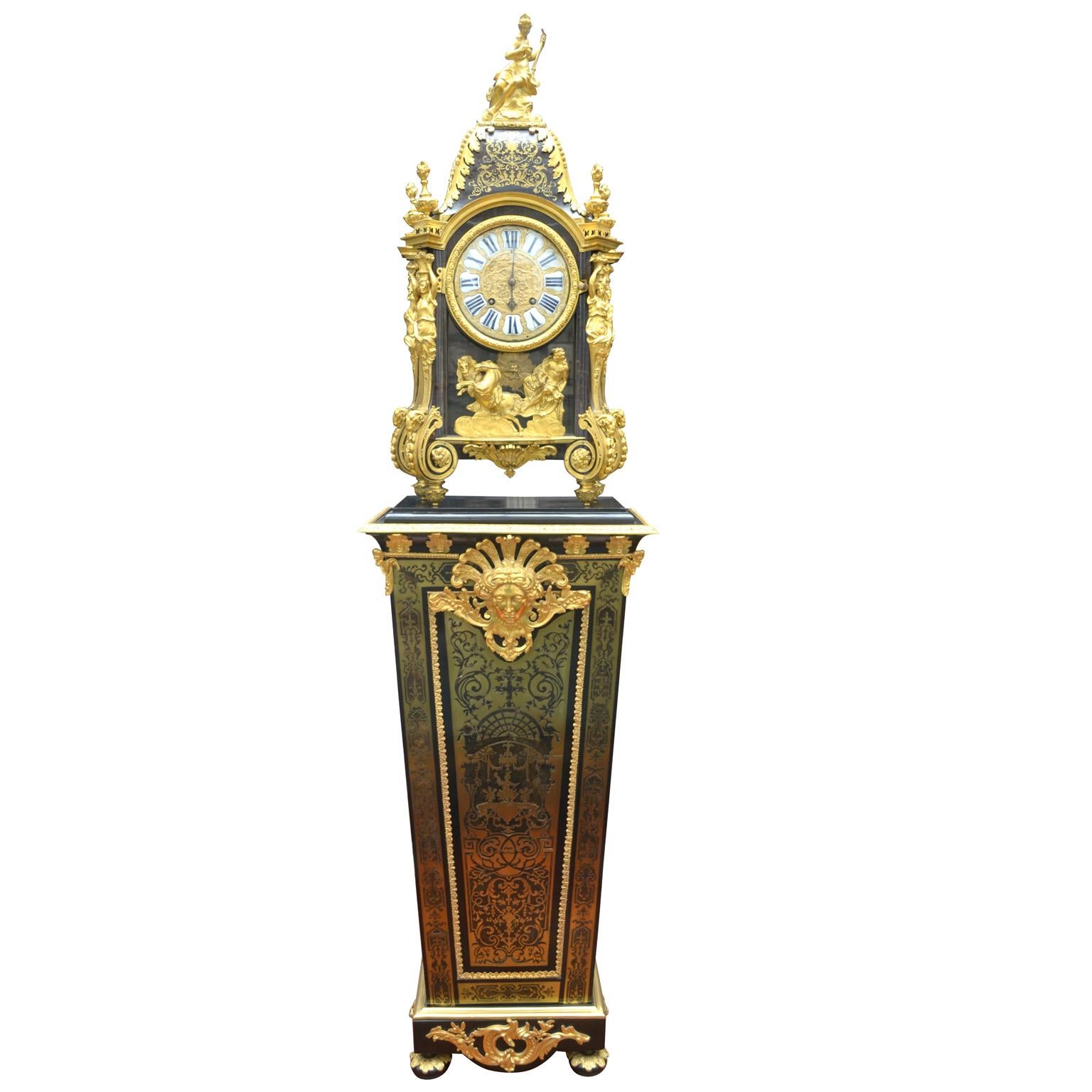 French Louis XV Boulle Pedestal Clock, Movement Signed Duval, Paris