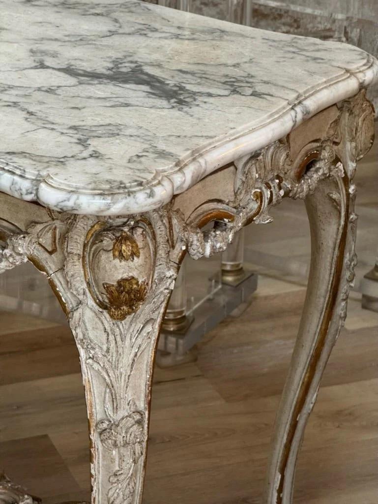 18th Century and Earlier A Louis XV Carved, Parcel Gilt, and Paint Table - signed Lebas For Sale