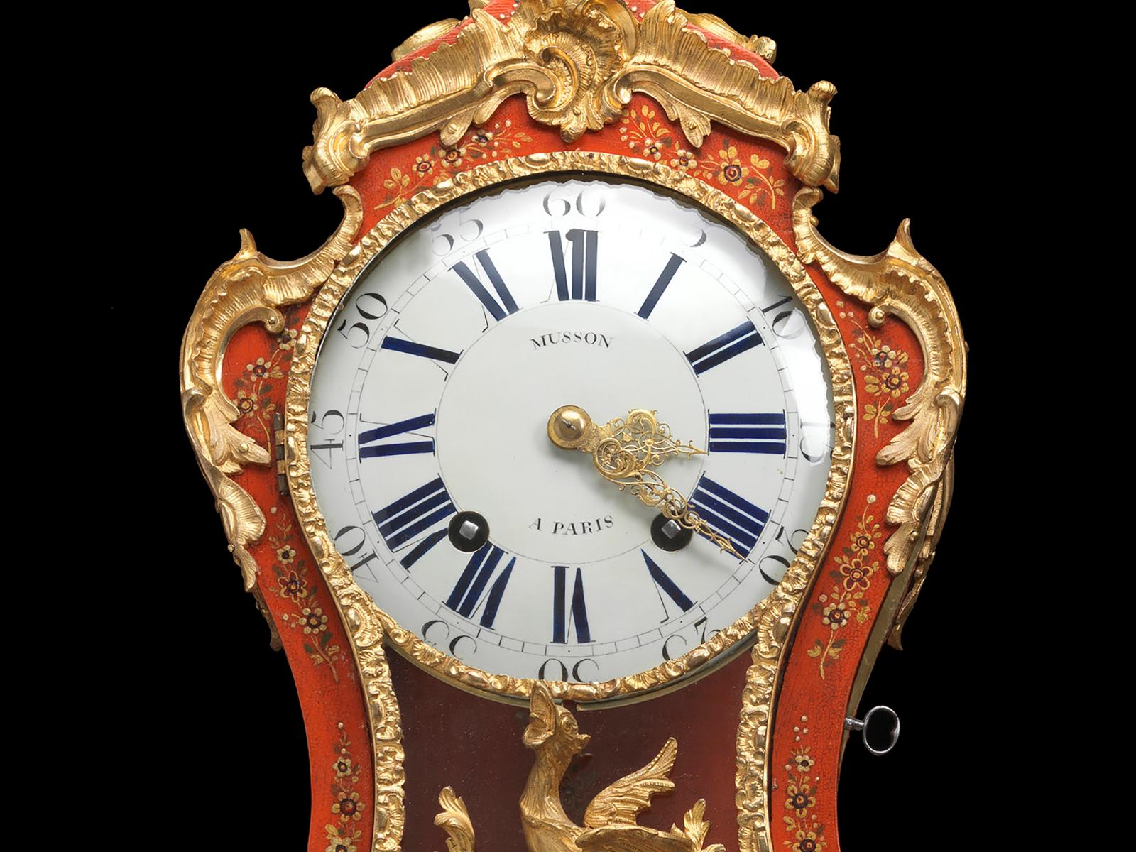 French Louis XV Small Ormolu-Mounted Red Lacquer Bracket Clock, Pierre Musson, Paris For Sale