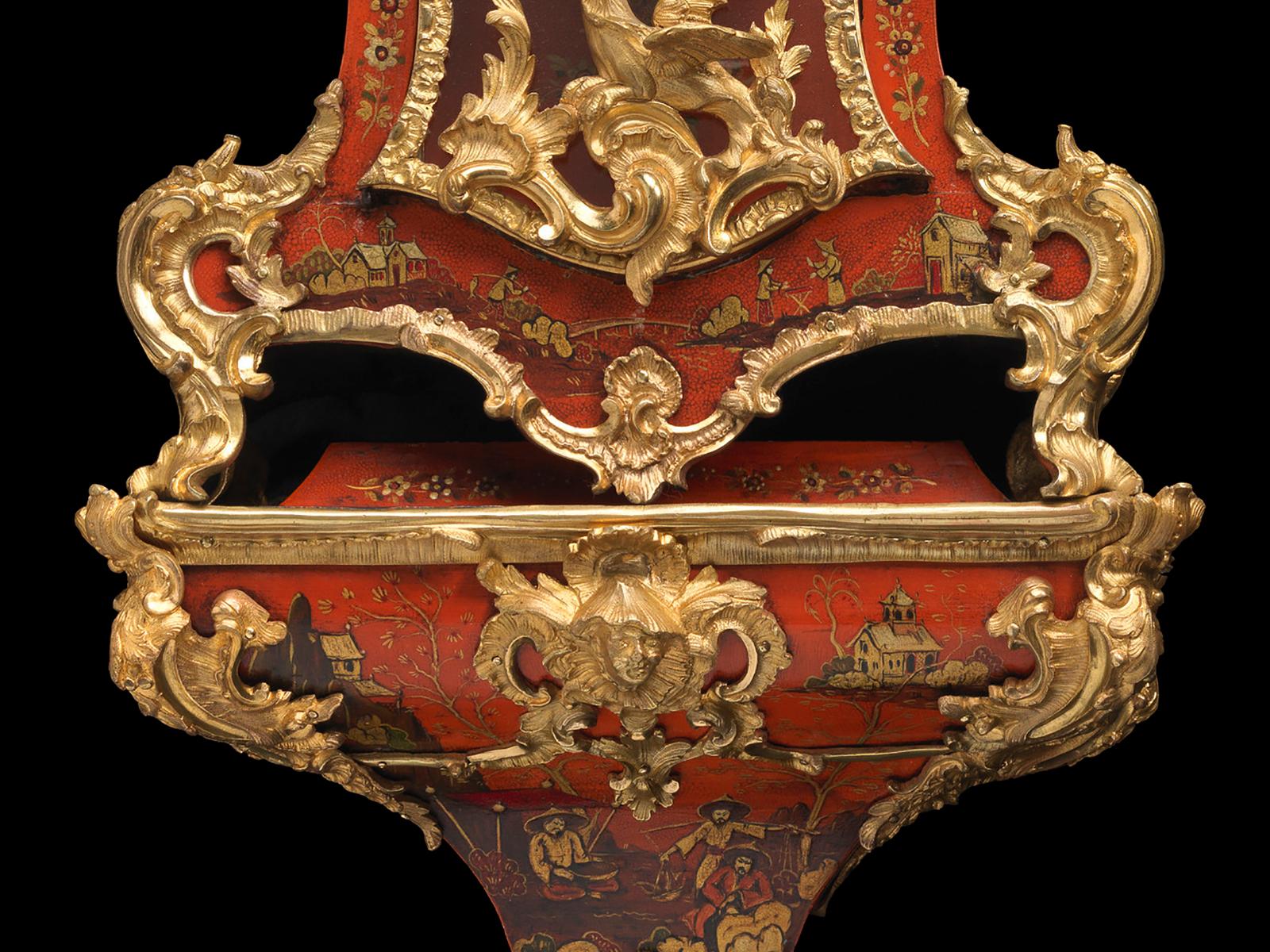 Hand-Crafted Louis XV Small Ormolu-Mounted Red Lacquer Bracket Clock, Pierre Musson, Paris For Sale