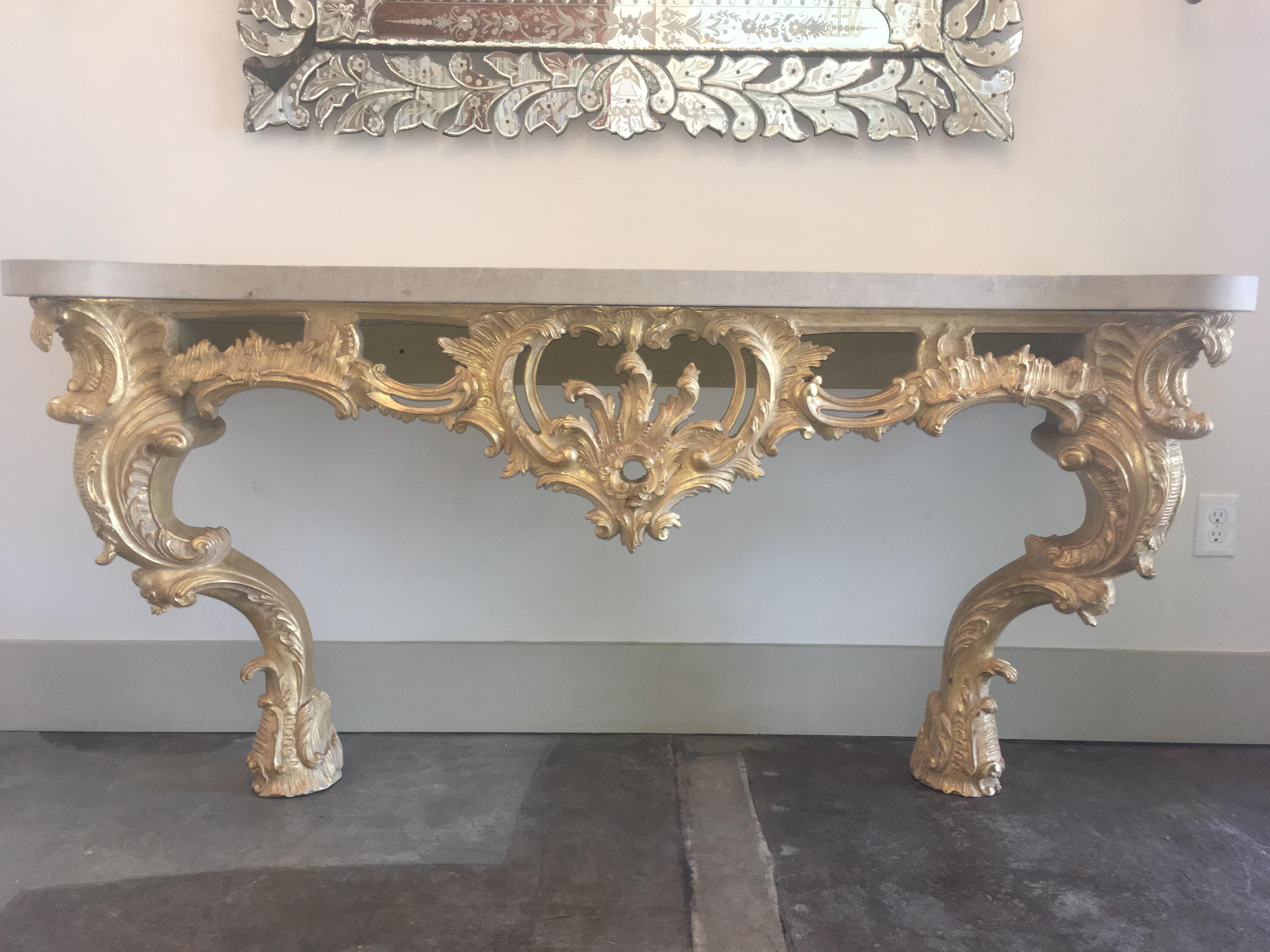 Stone Louis XV Style Carved and Gilded Wood Console Table For Sale