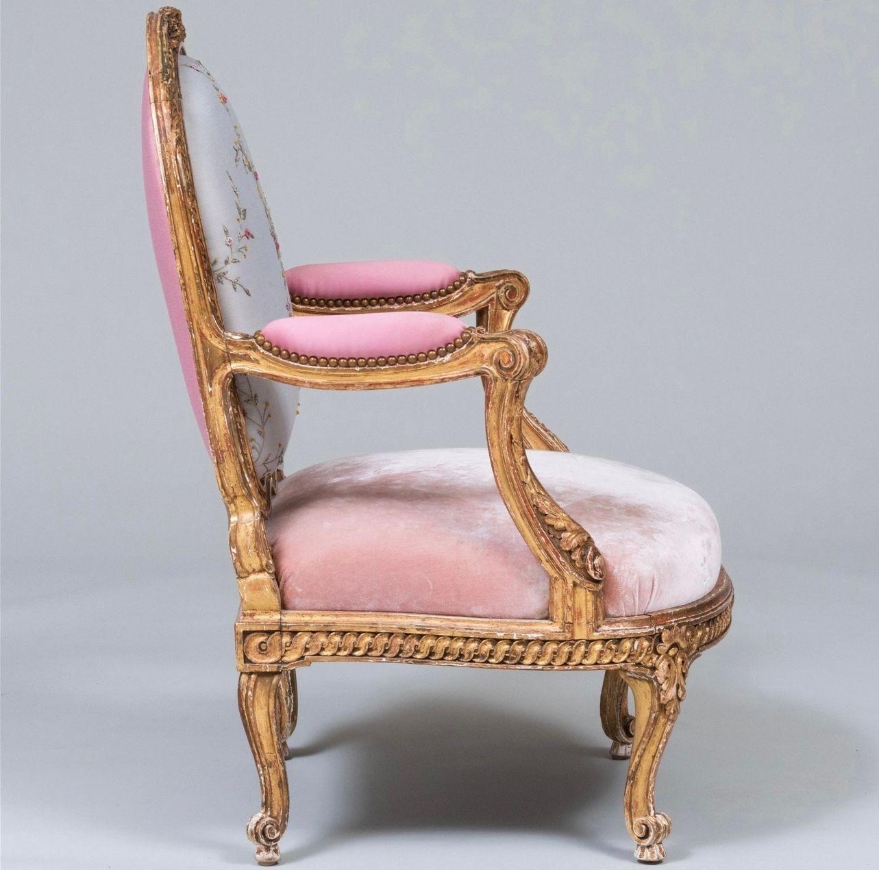 Hand-Carved Louis XV Style Carved Giltwood Armchair, 19thC For Sale