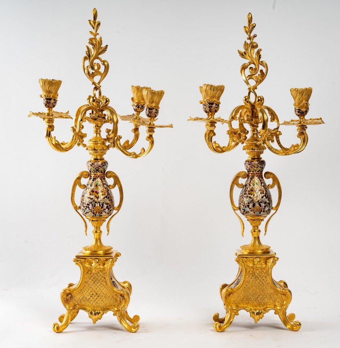Louis XV Style Gilt Bronze and Cloisonné Enamel Mantel Set 4