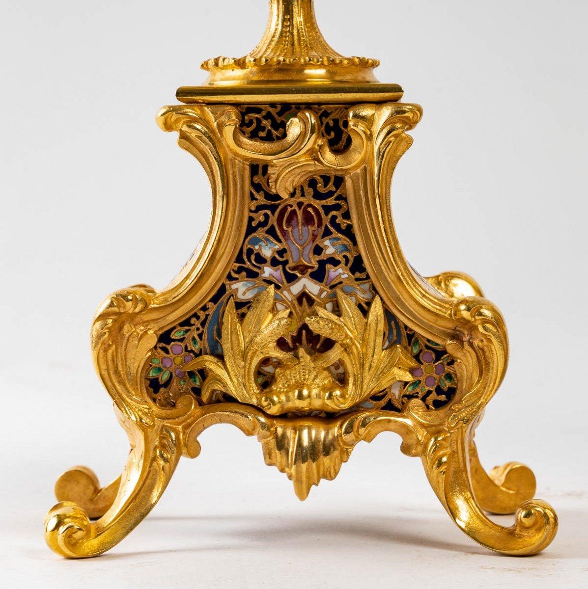 Cloissoné Louis XV Style Gilt Bronze and Cloisonné Enamel Mantel Set