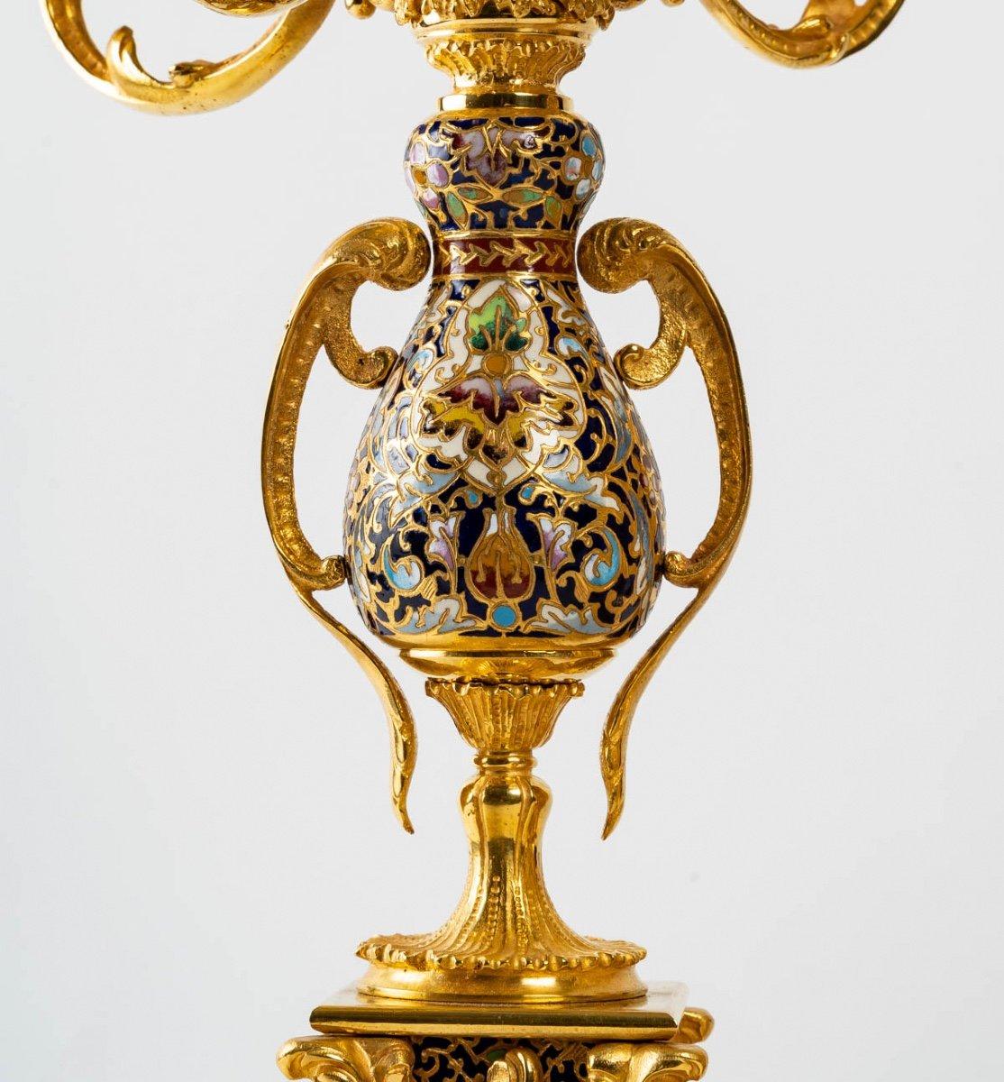 Louis XV Style Gilt Bronze and Cloisonné Enamel Mantel Set In Good Condition In Saint-Ouen, FR