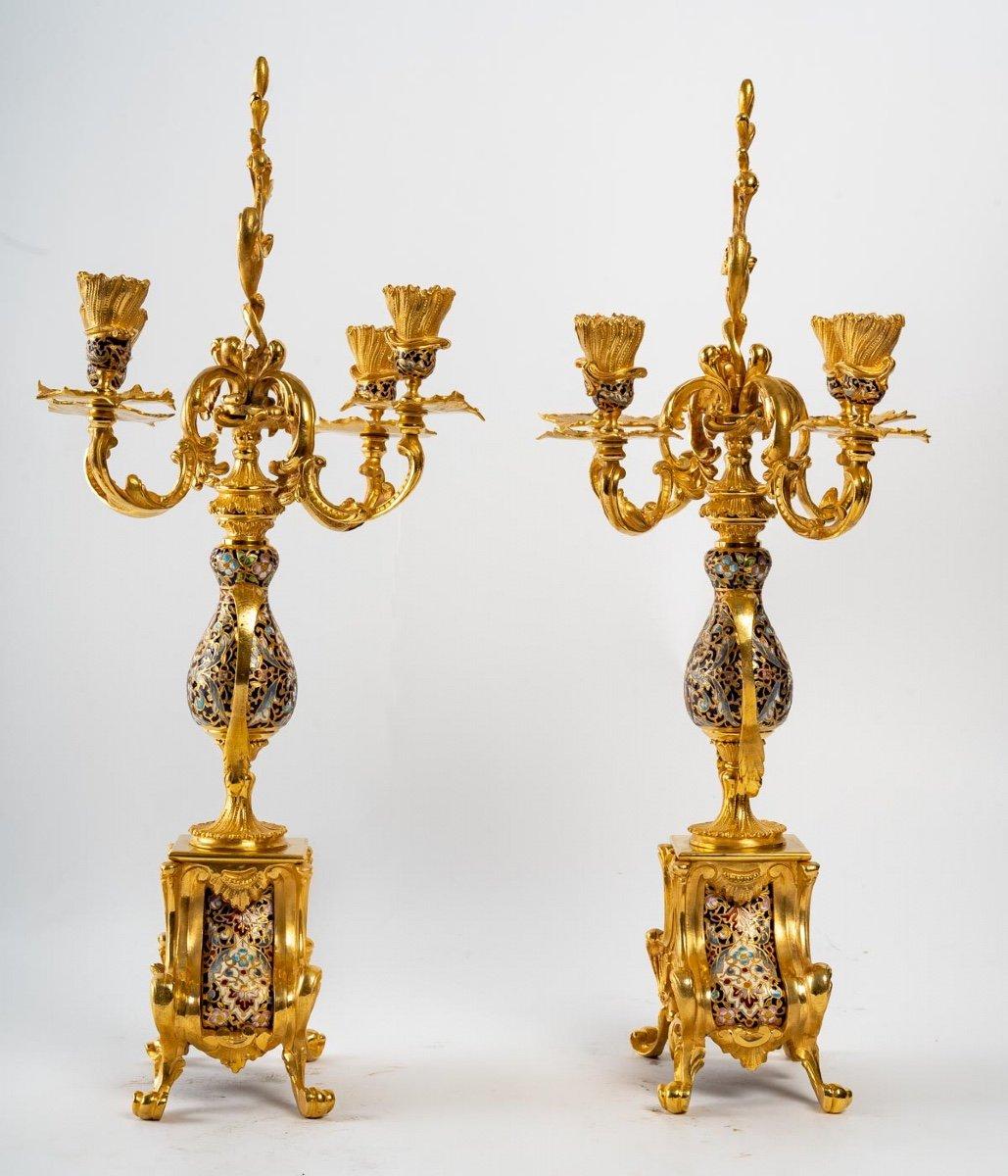 Louis XV Style Gilt Bronze and Cloisonné Enamel Mantel Set 2