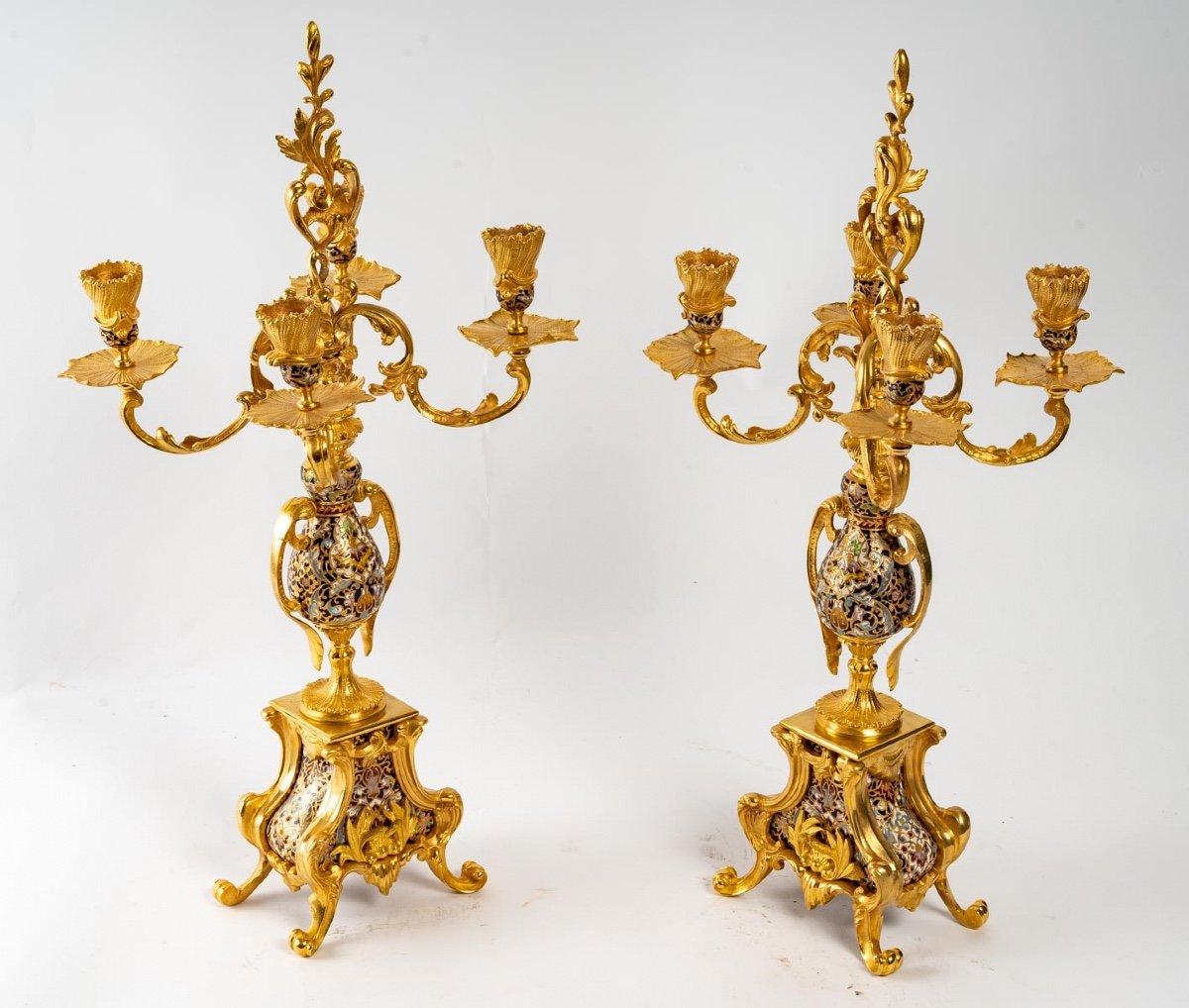 Louis XV Style Gilt Bronze and Cloisonné Enamel Mantel Set 3