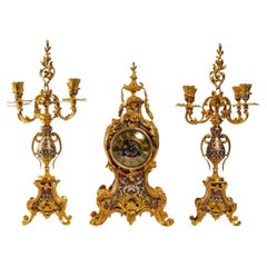 Antique Louis XV Style Gilt Bronze and Cloisonné Enamel Mantel Set