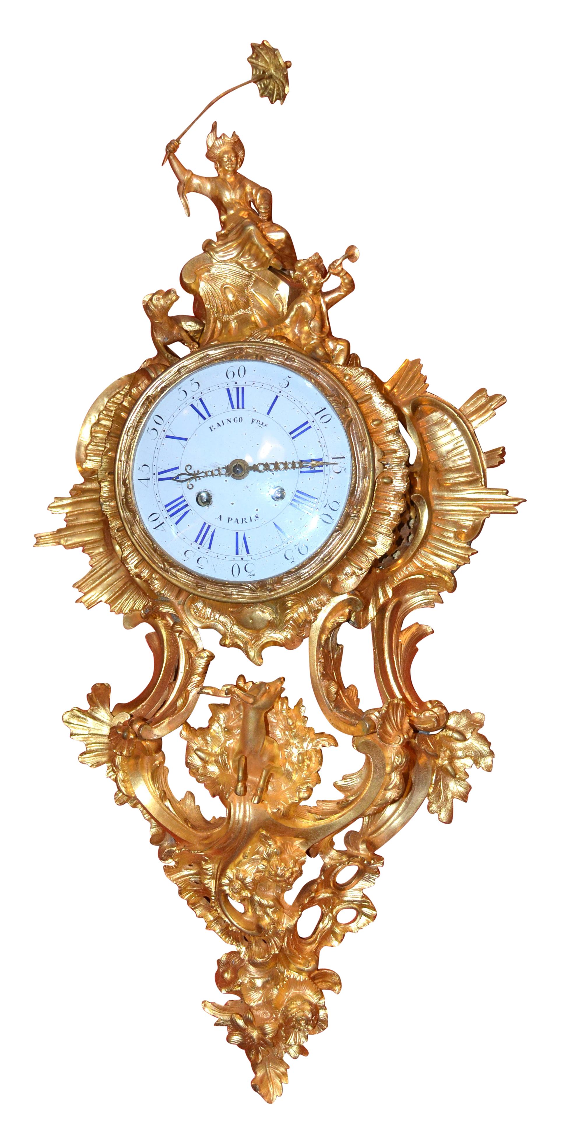 French Louis XV Style Gilt Bronze Cartel Clock by Raingo Freres Paris