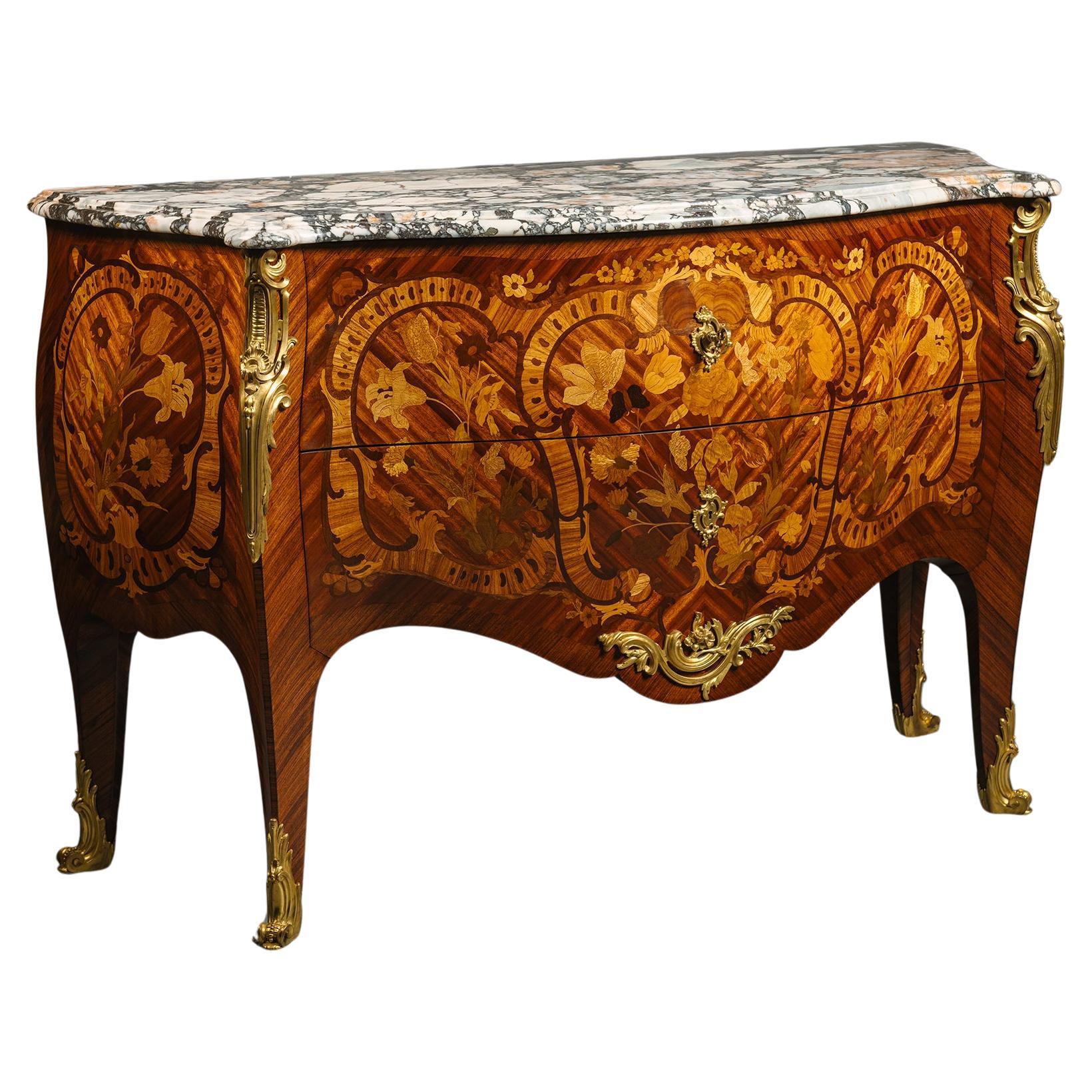 A Louis XV Style Gilt-Bronze Mounted Marquetry Commode, By Paul Sormani For Sale