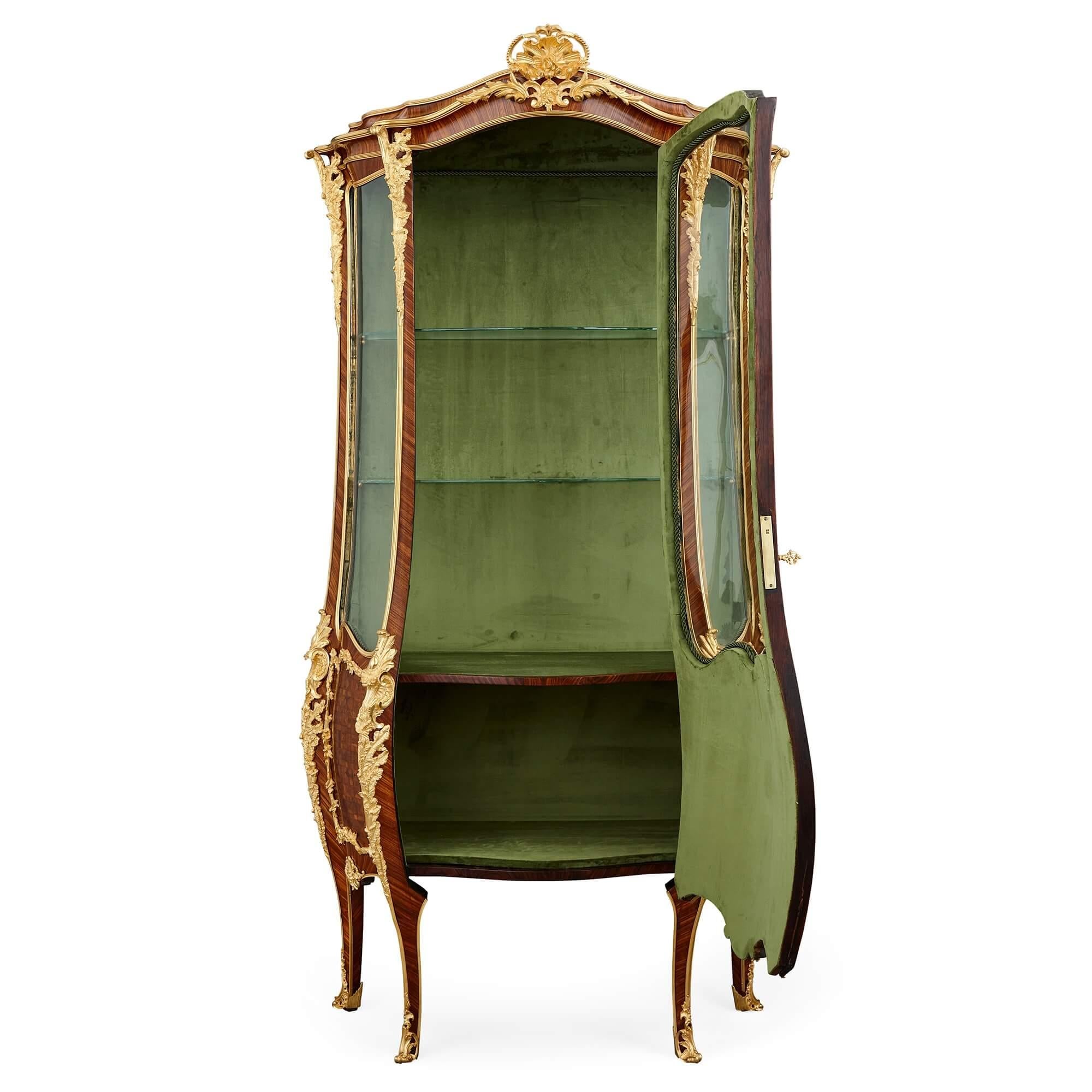 French Louis XV Style Gilt-Bronze Mounted Vernis Martin and Parquetry Vitrine For Sale