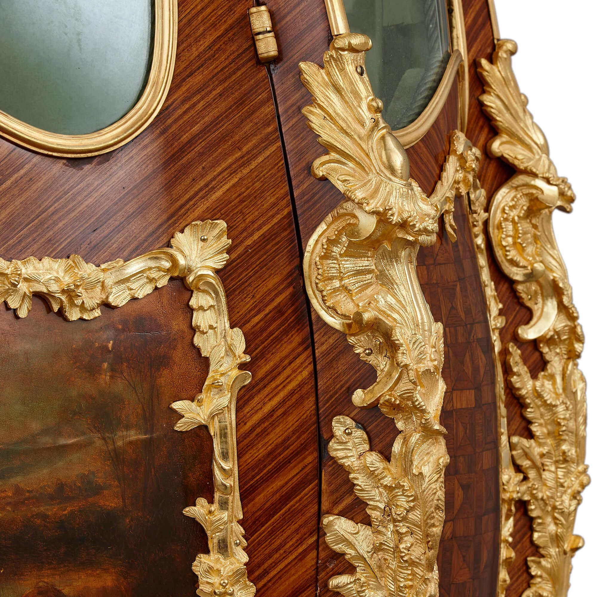 19th Century Louis XV Style Gilt-Bronze Mounted Vernis Martin and Parquetry Vitrine For Sale