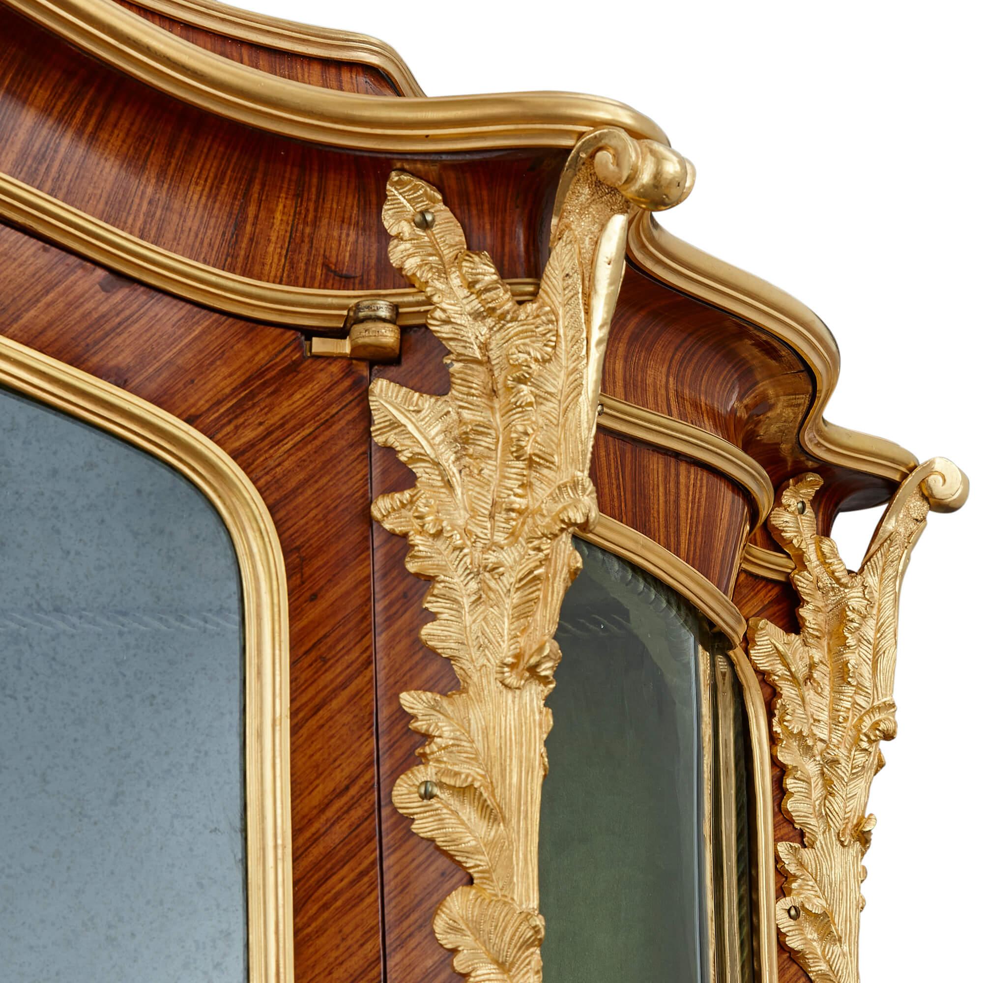 Glass Louis XV Style Gilt-Bronze Mounted Vernis Martin and Parquetry Vitrine For Sale
